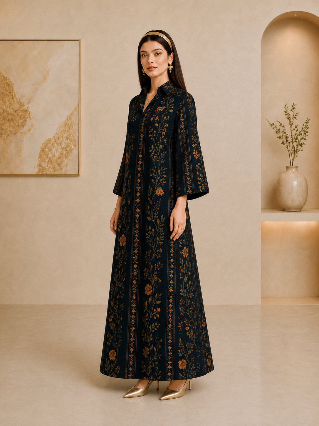 Dark Blue Floral Maxi Jalabiya Dress for Women