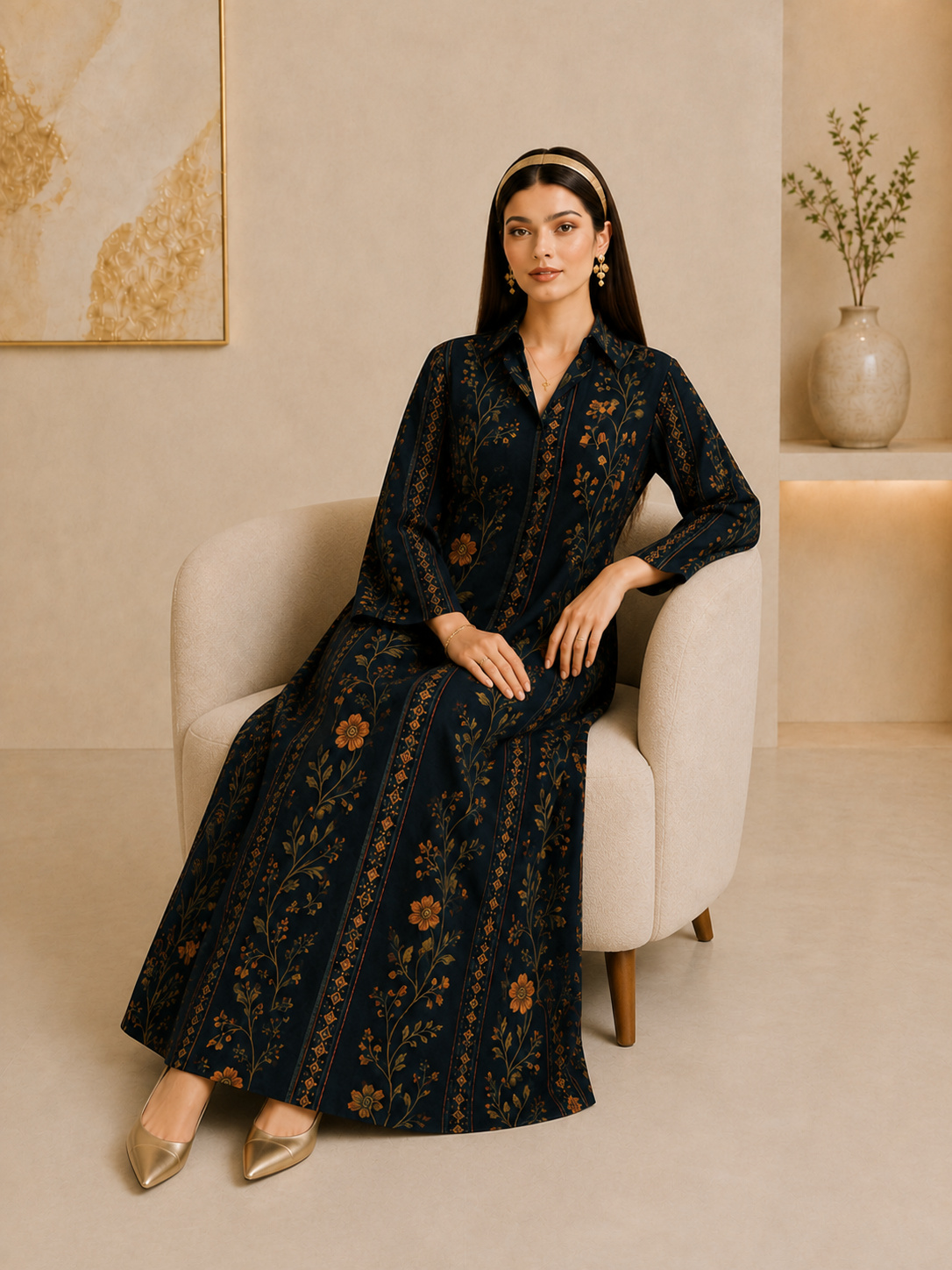 Dark Blue Floral Maxi Jalabiya Dress for Women