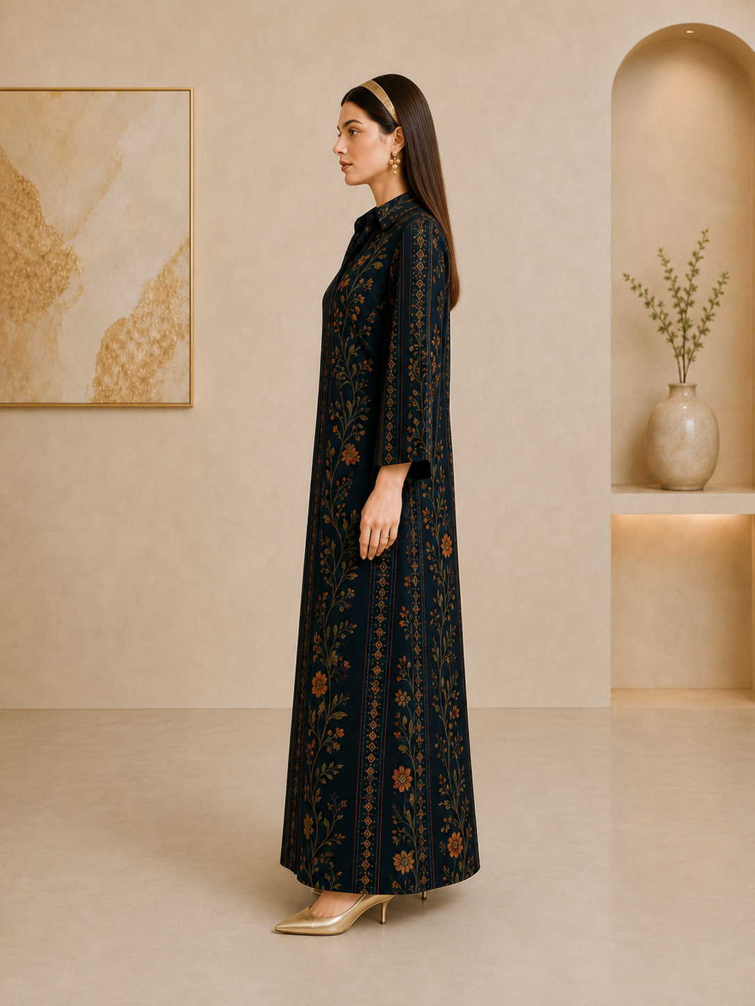 Dark Blue Floral Maxi Jalabiya Dress for Women