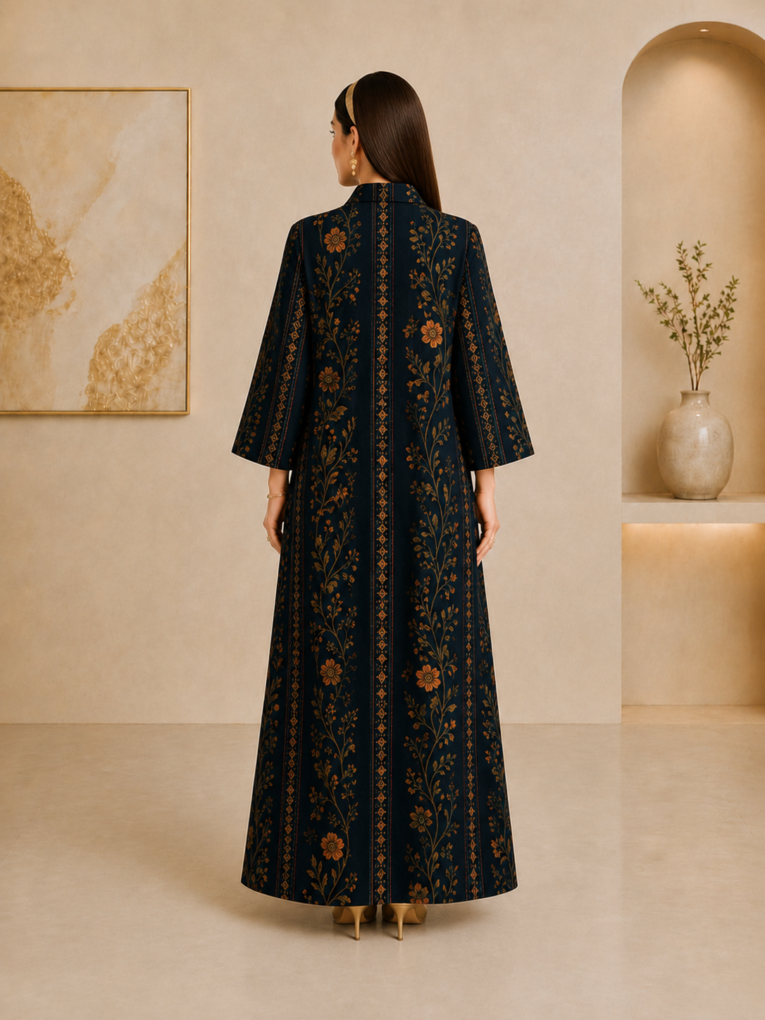 Dark Blue Floral Maxi Jalabiya Dress for Women