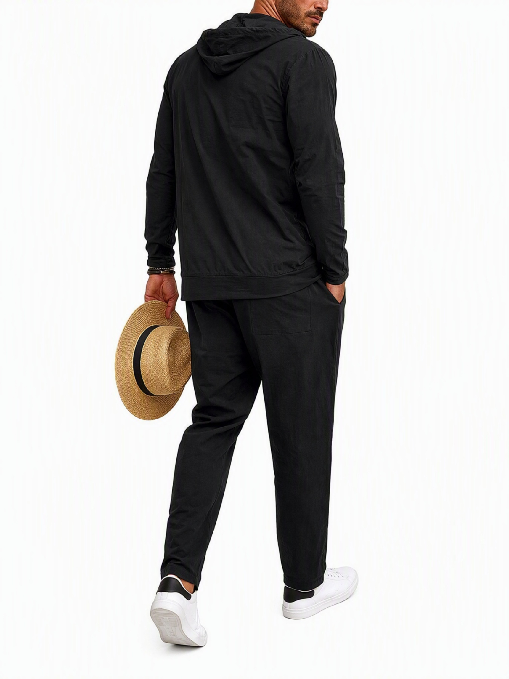 Men Black Hooded Shirt and Trousers Set