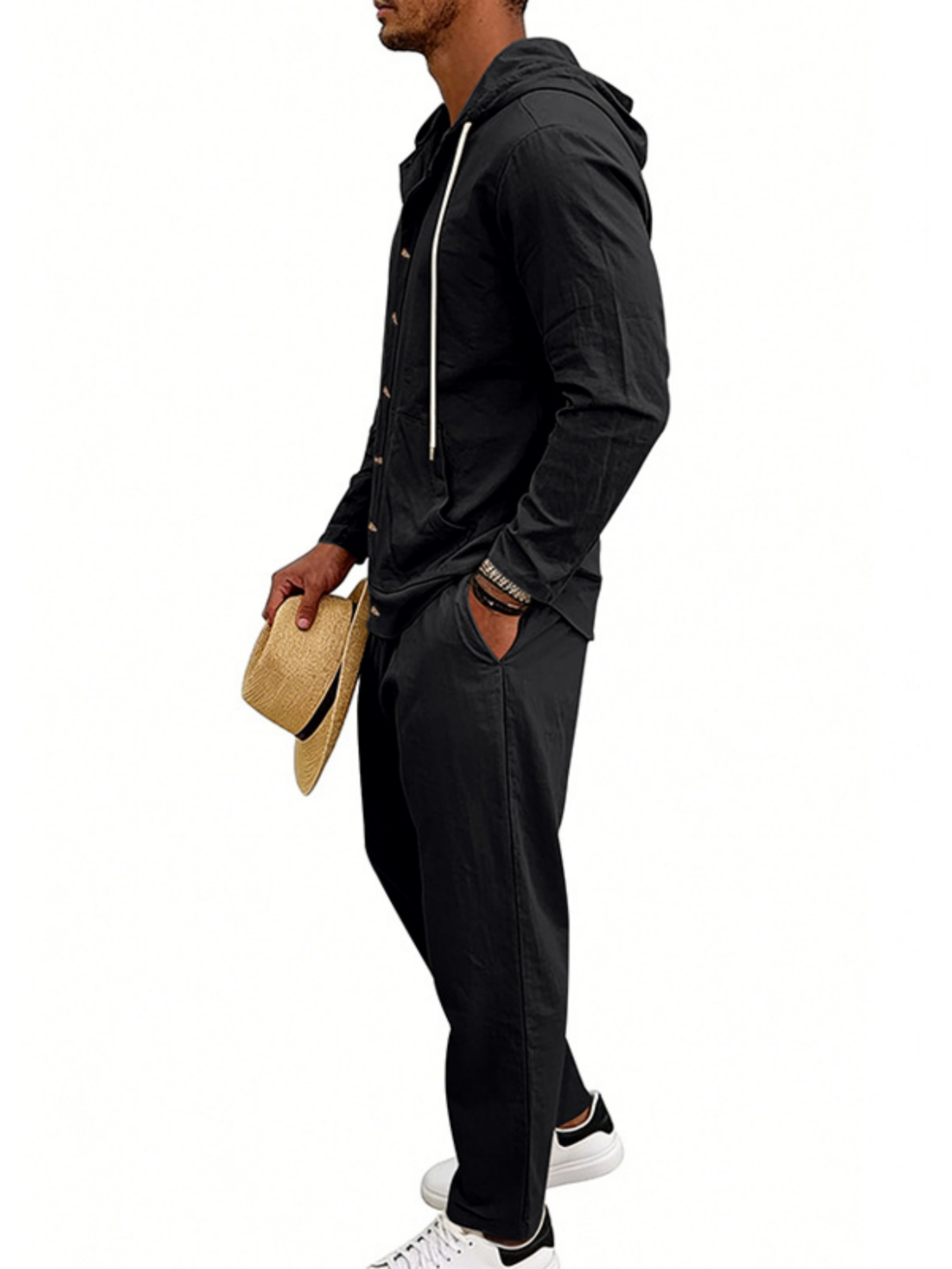 Men Black Hooded Shirt and Trousers Set