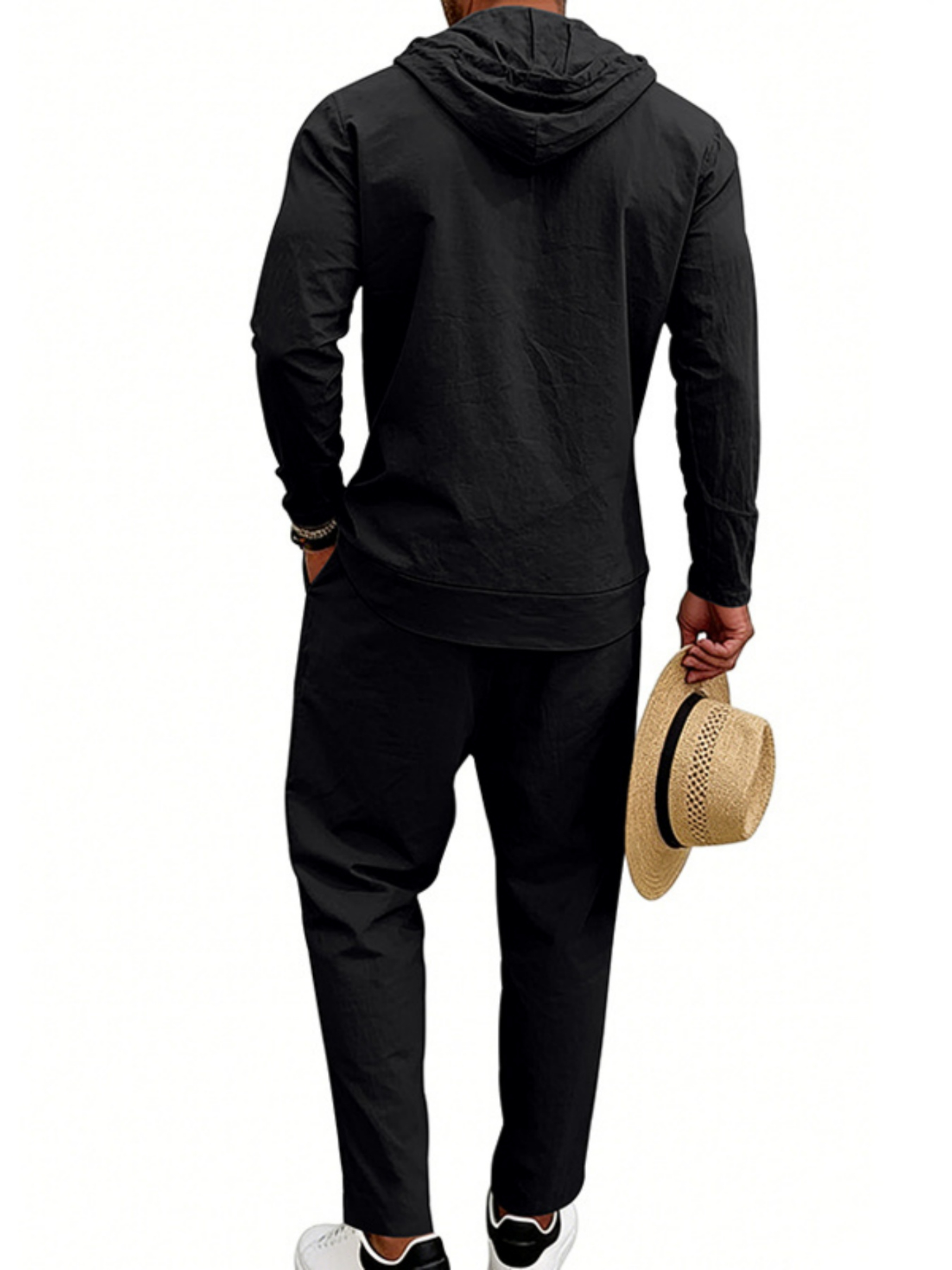 Men Black Hooded Shirt and Trousers Set