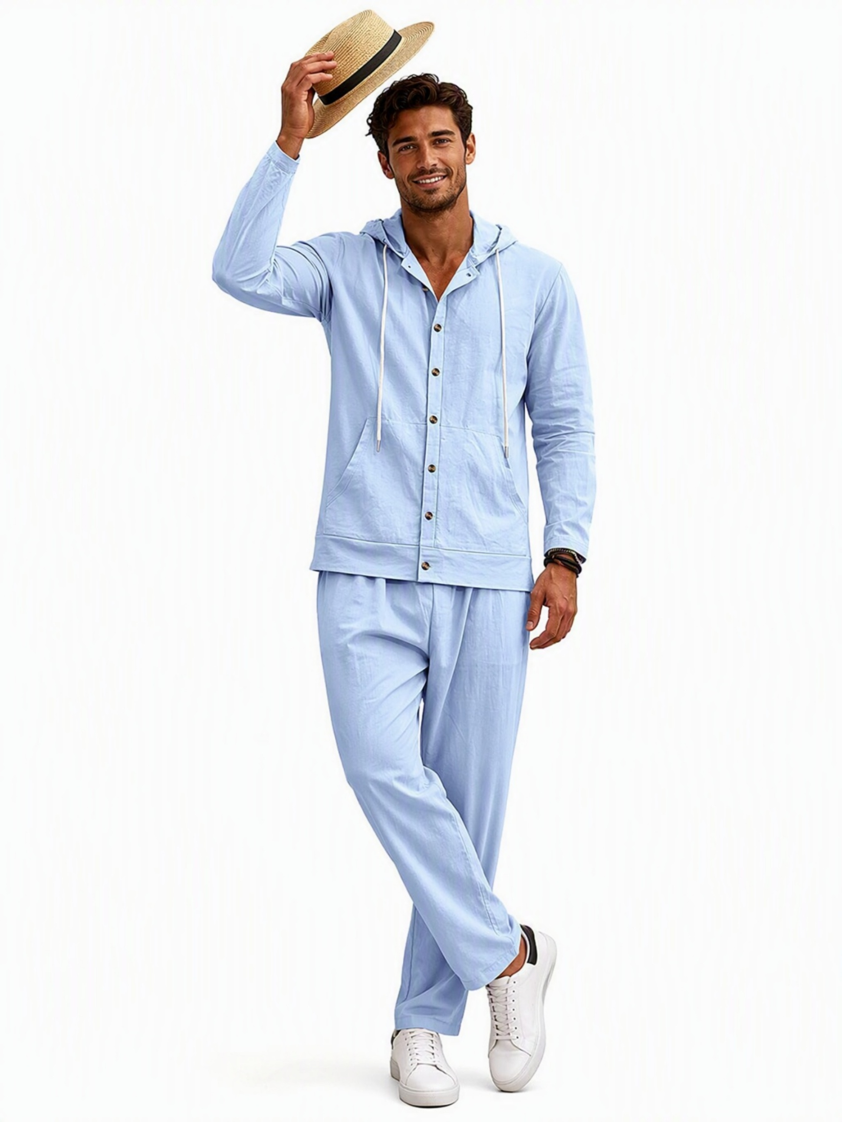 Men Light Blue Linen Hooded Shirt and Trousers Set