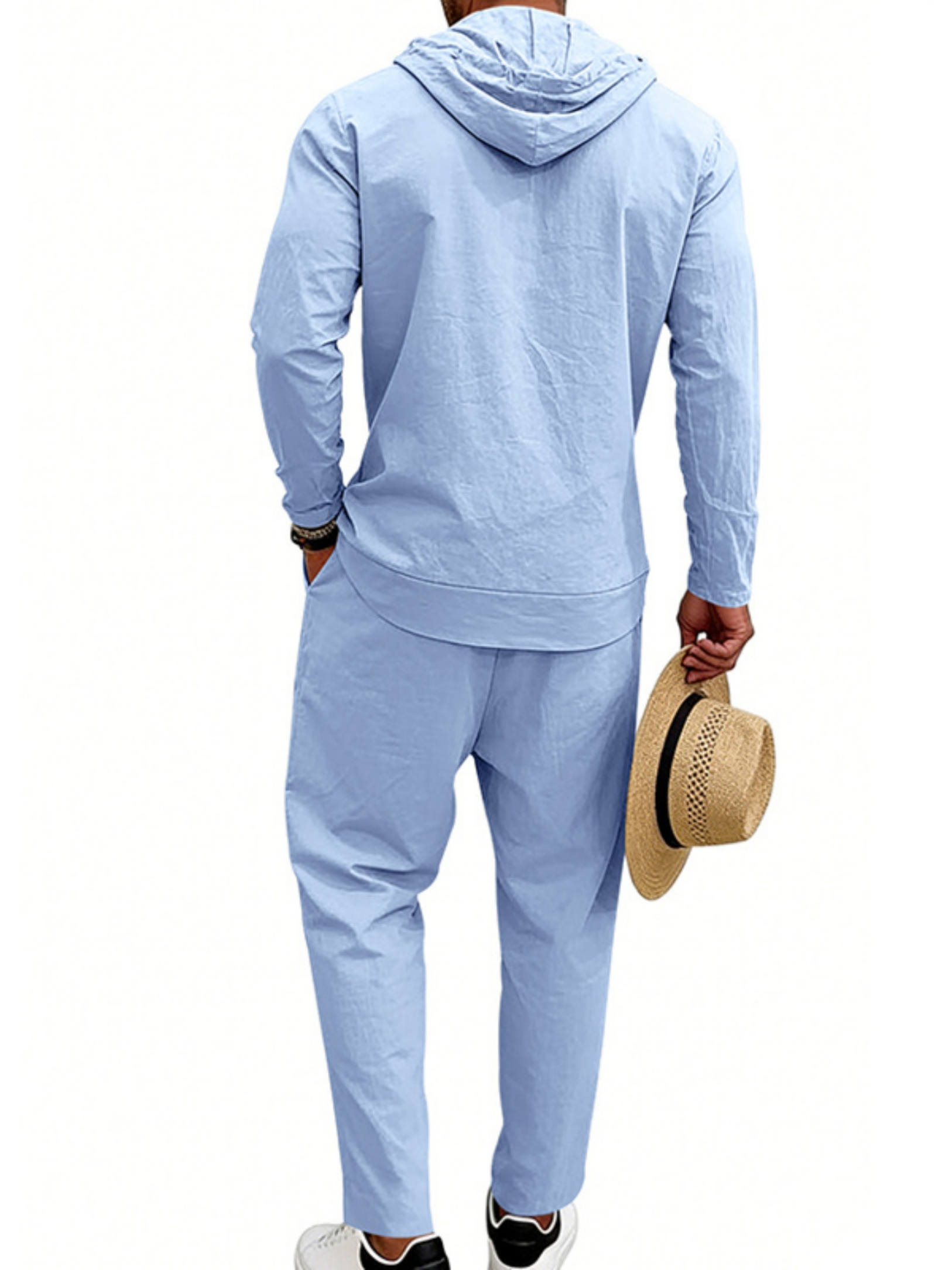 Men Light Blue Linen Hooded Shirt and Trousers Set