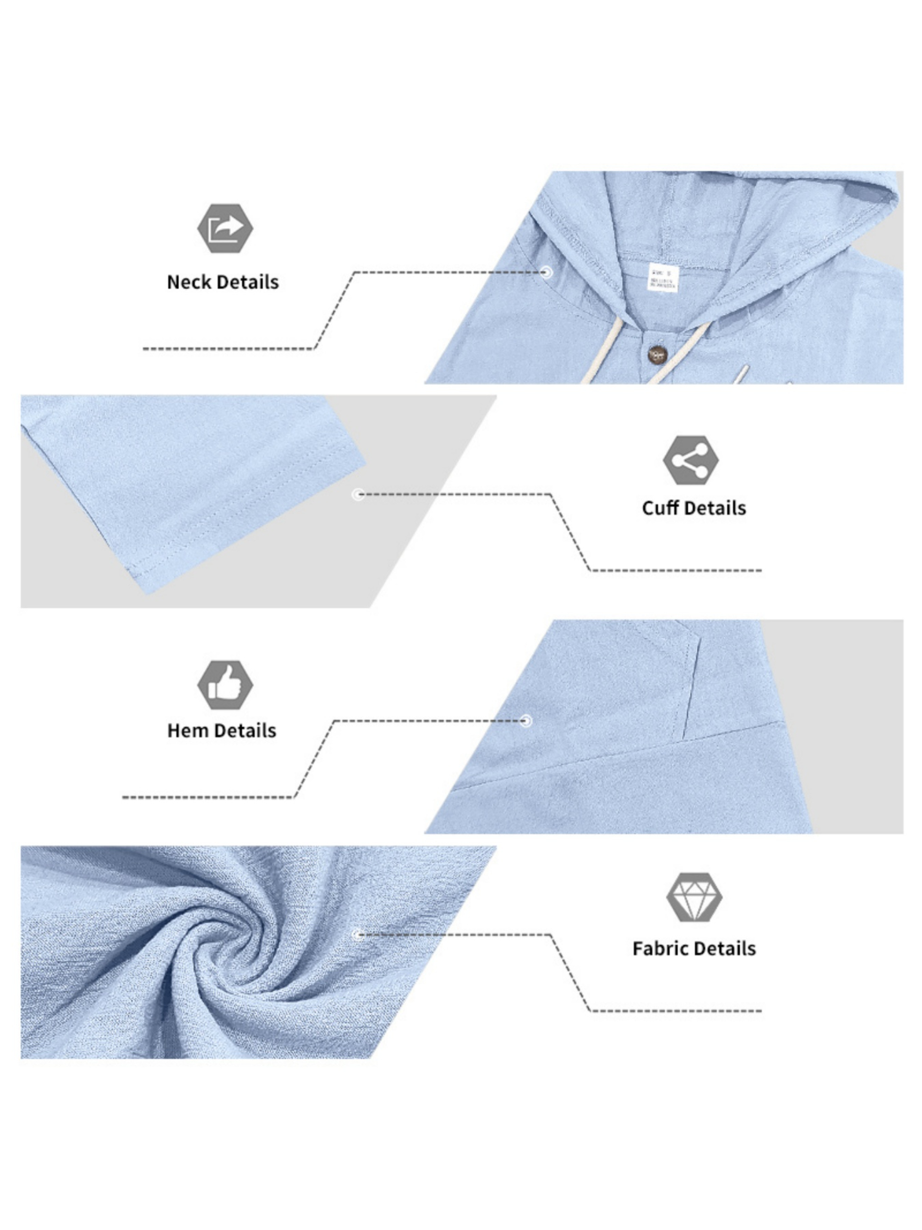 Men Light Blue Linen Hooded Shirt and Trousers Set