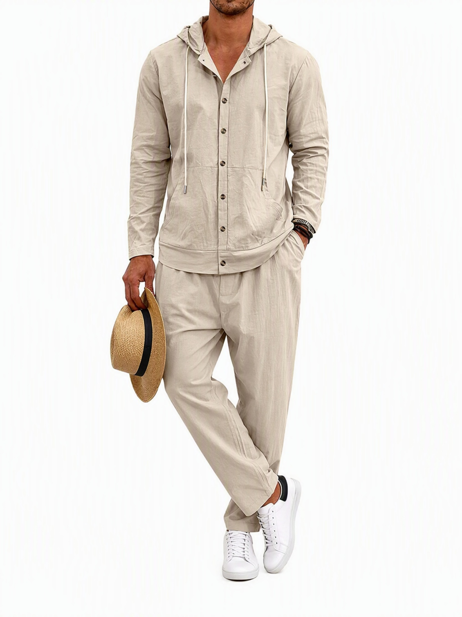 Men Beige Linen Hooded Shirt and Trousers Set