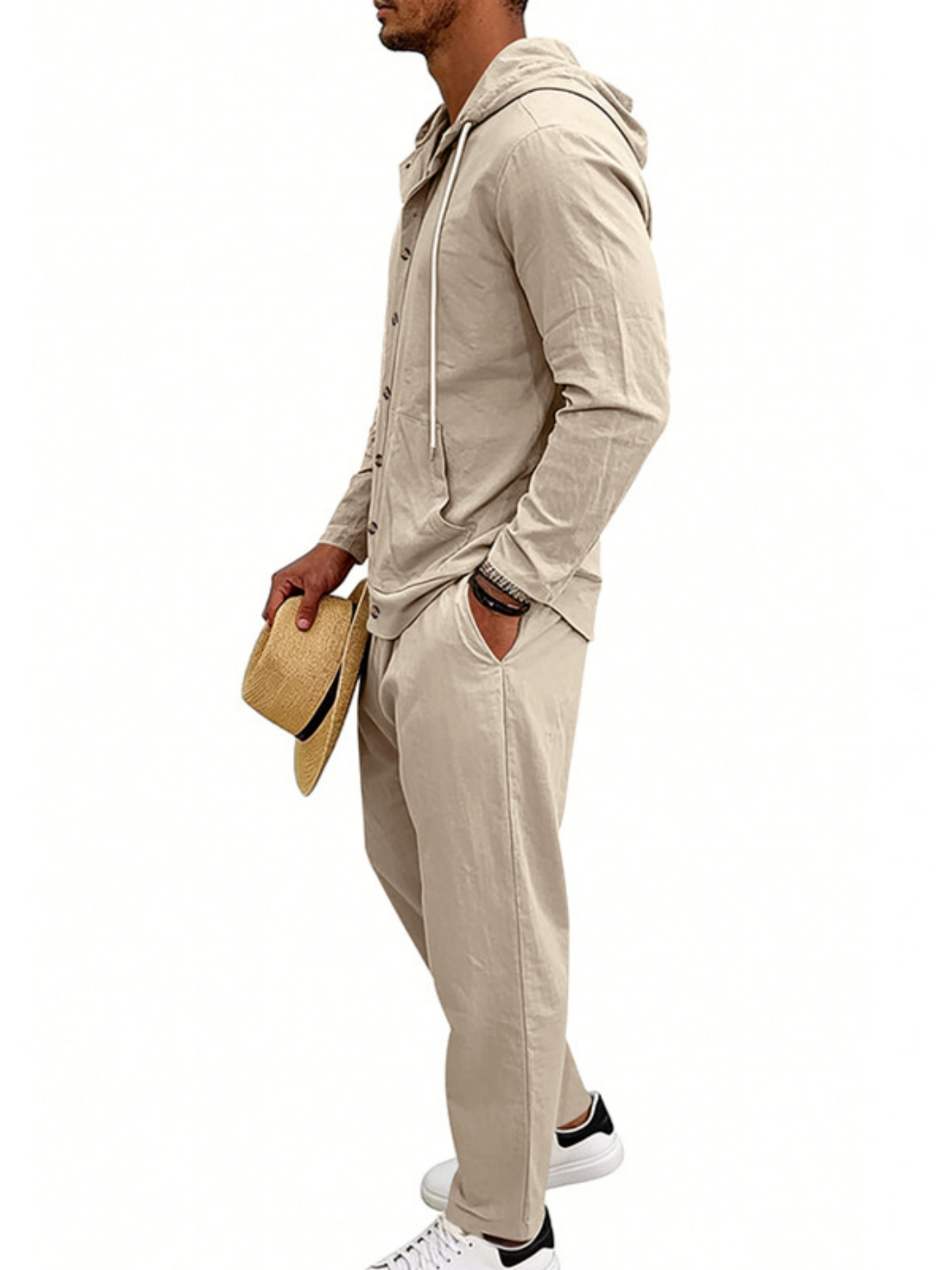Men Beige Linen Hooded Shirt and Trousers Set