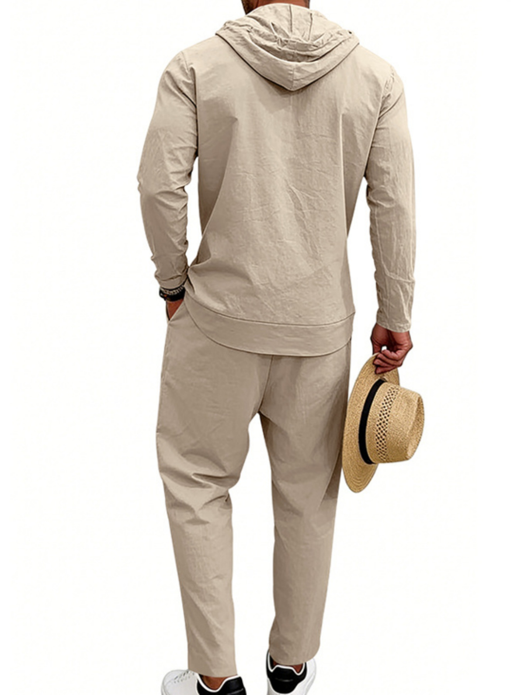 Men Beige Linen Hooded Shirt and Trousers Set