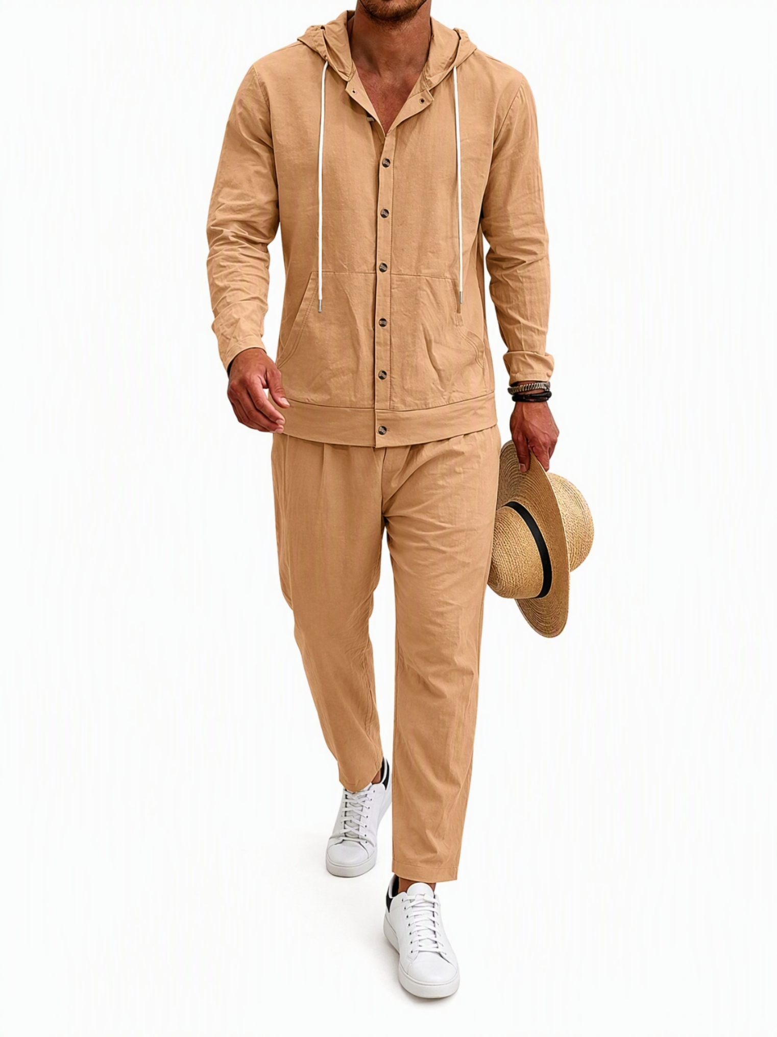 Men Brown Linen Blend Hooded Shirt and Trousers Set