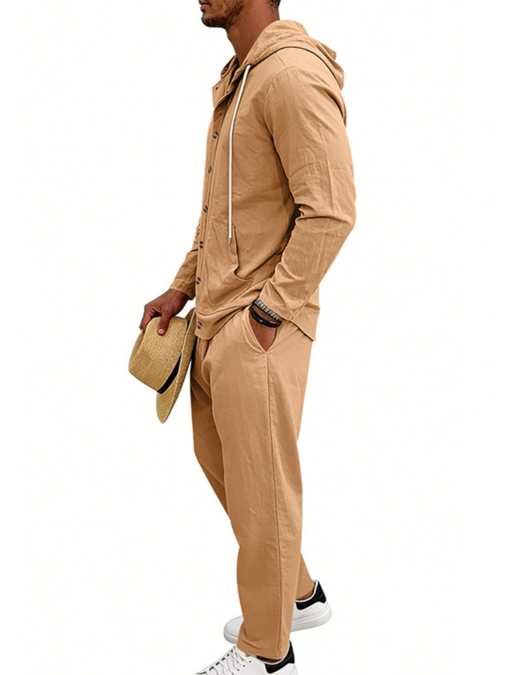 Men Brown Linen Blend Hooded Shirt and Trousers Set
