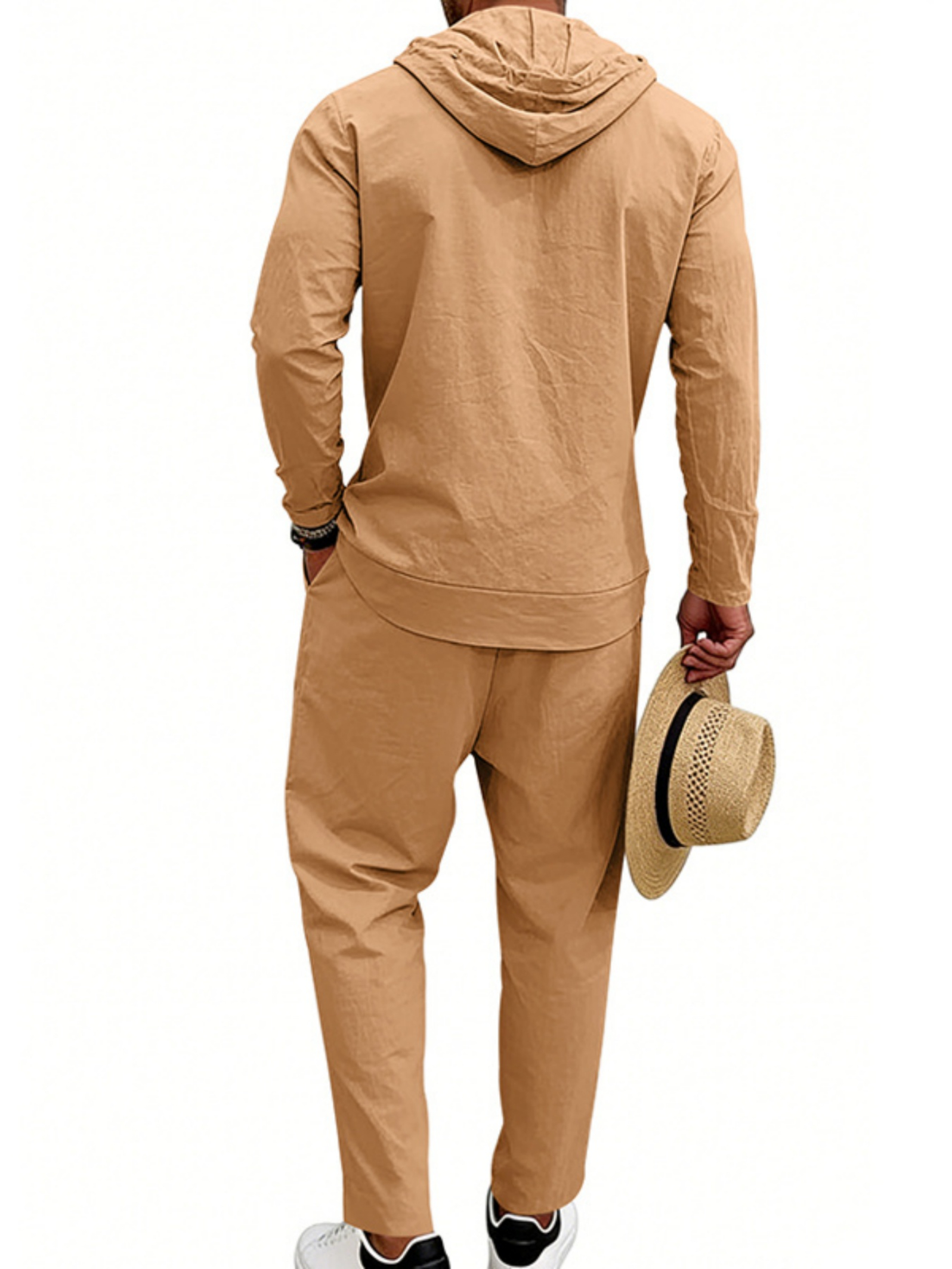 Men Brown Linen Blend Hooded Shirt and Trousers Set