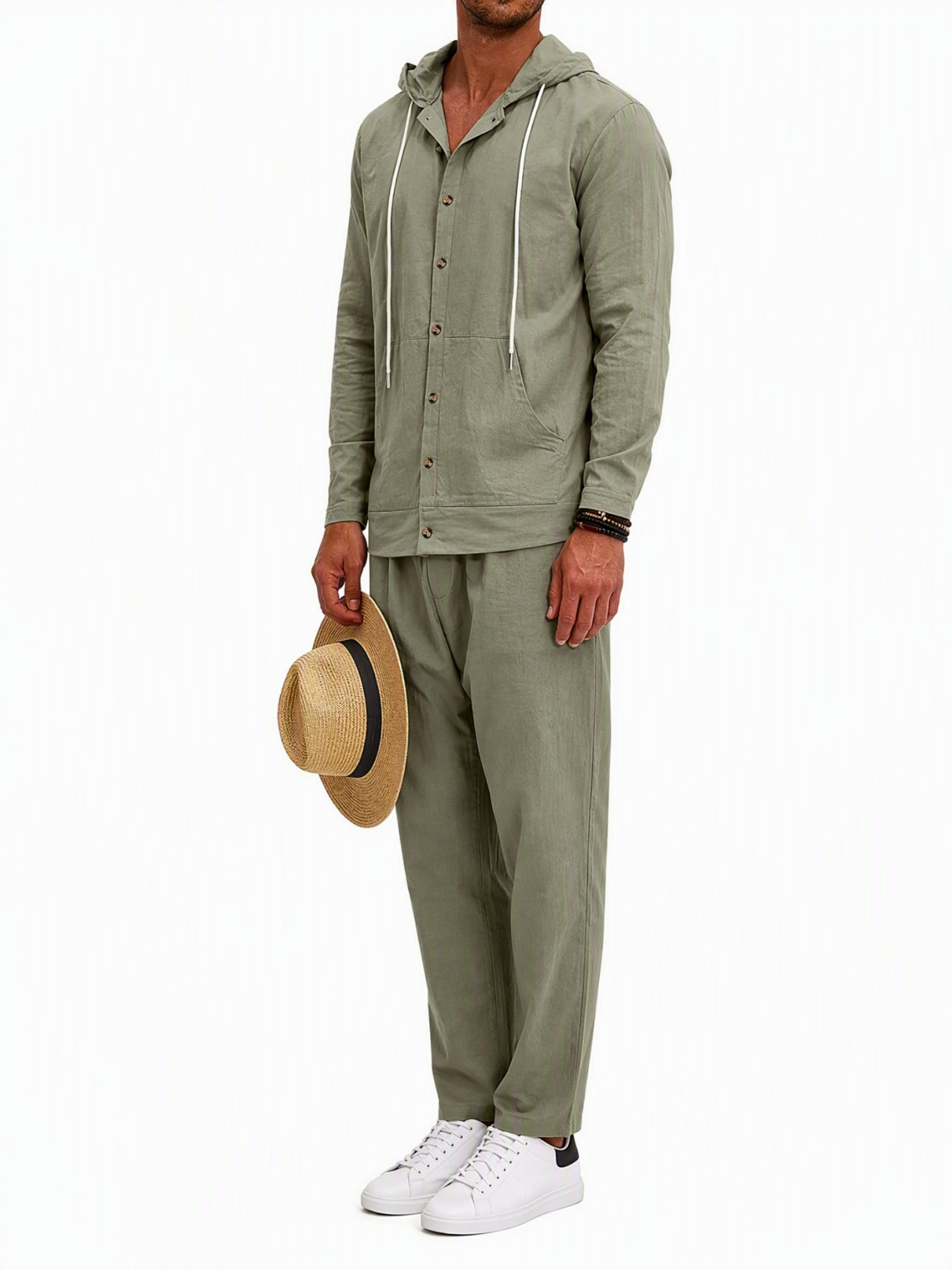 Men Green Linen Hooded Shirt and Trousers Set