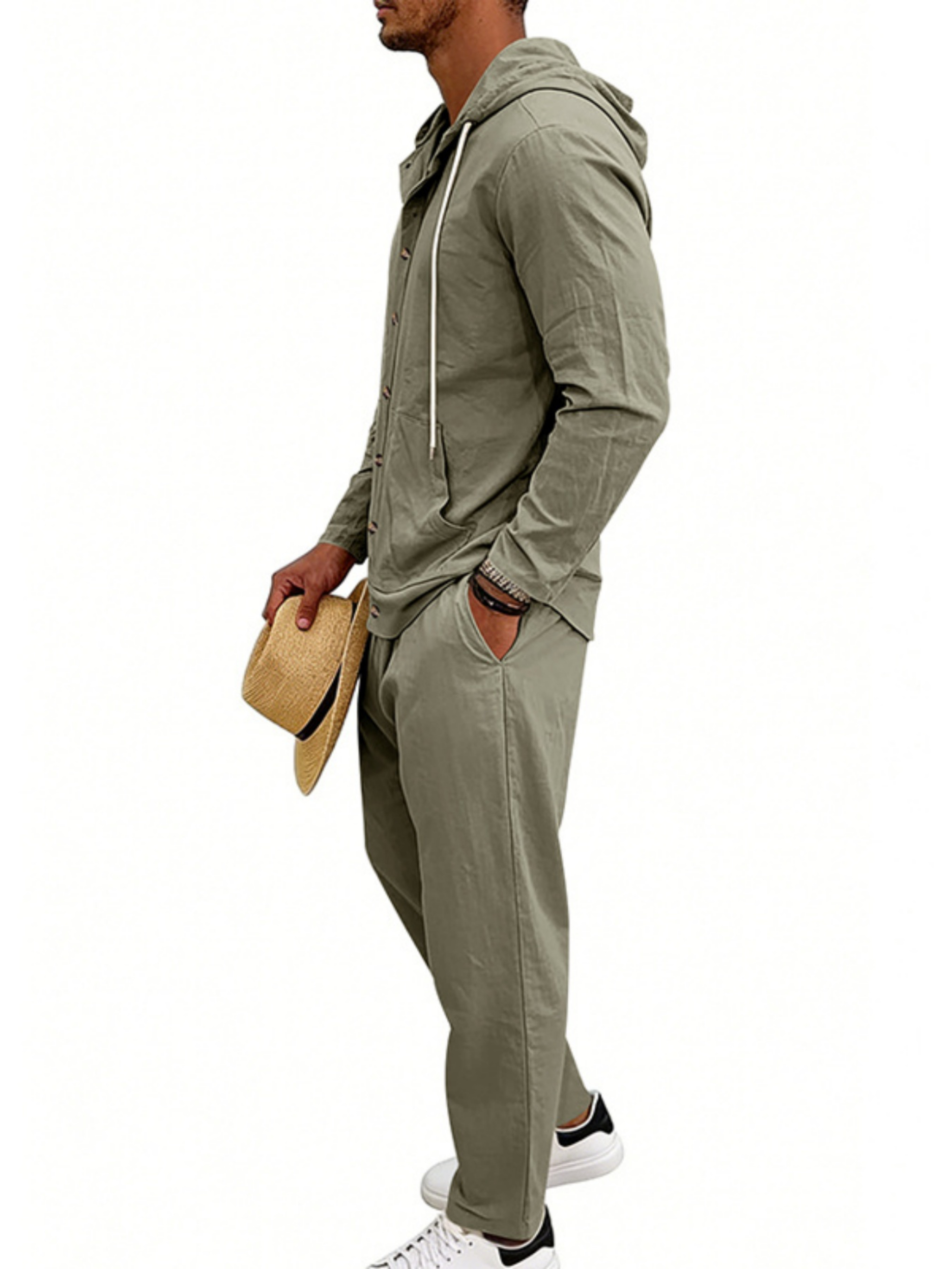Men Green Linen Hooded Shirt and Trousers Set