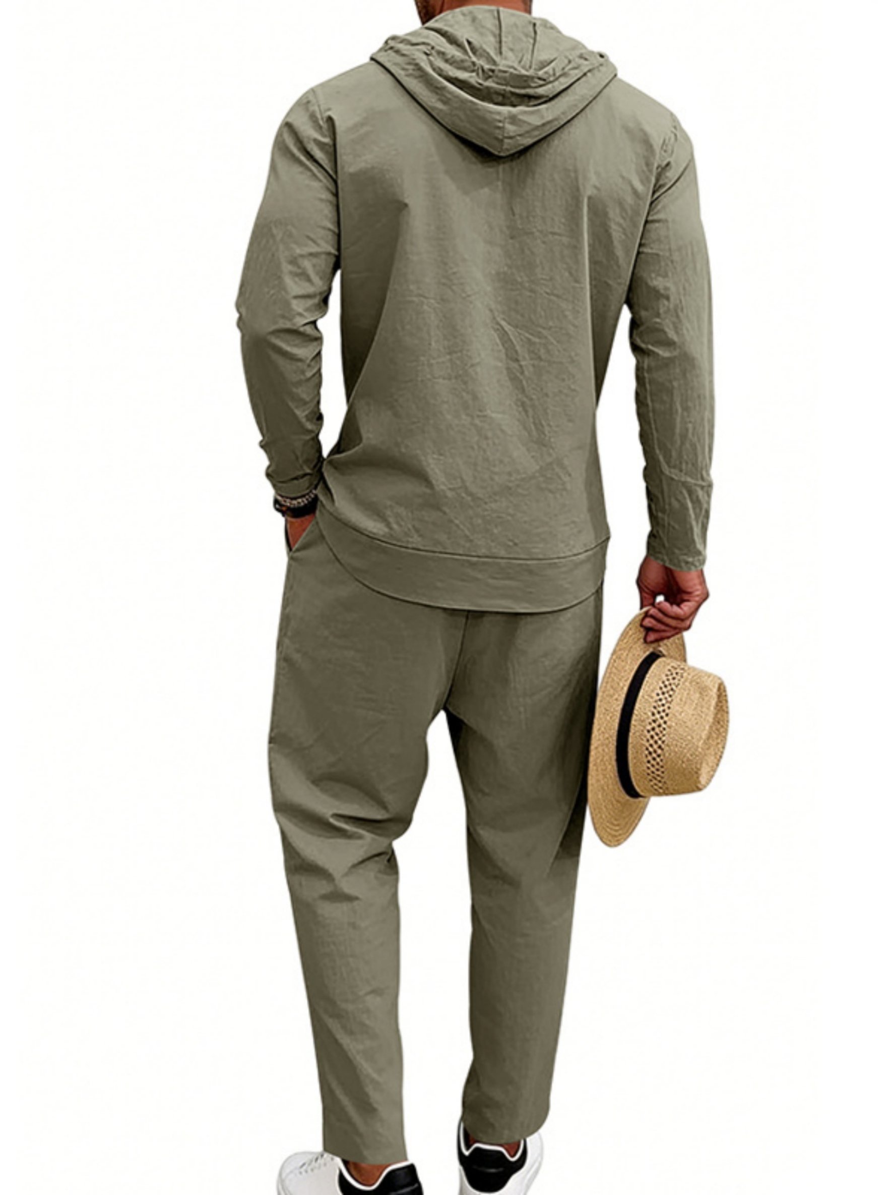 Men Green Linen Hooded Shirt and Trousers Set