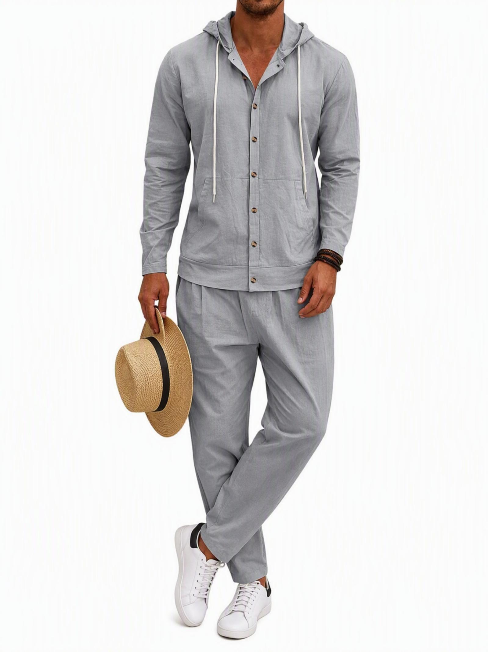 Men Grey Linen Hooded Shirt and Trousers Set