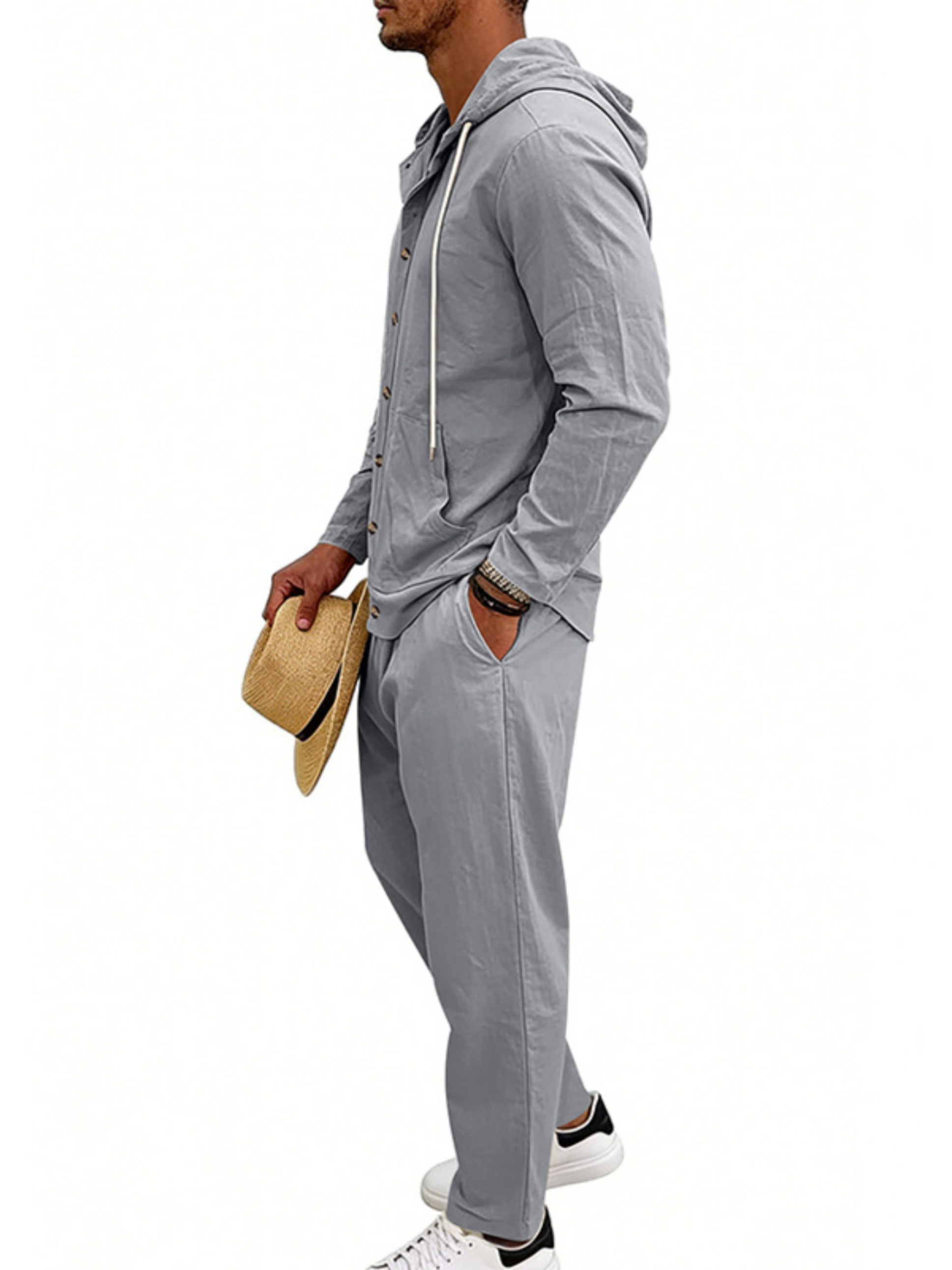 Men Grey Linen Hooded Shirt and Trousers Set