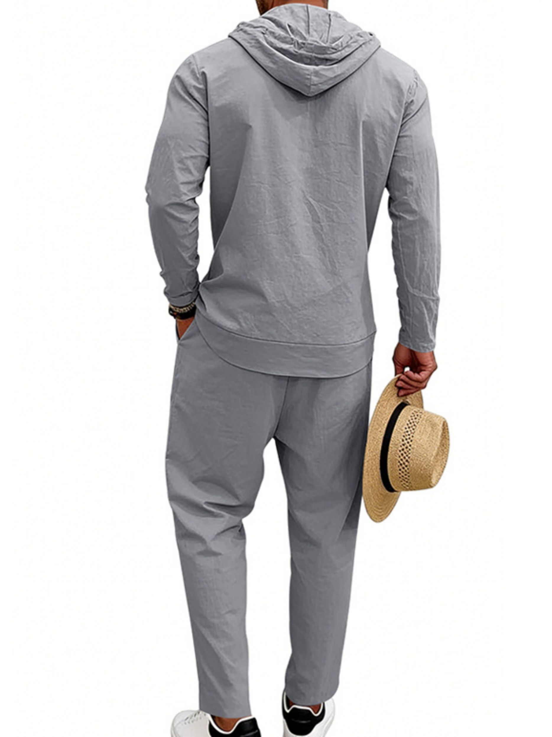 Men Grey Linen Hooded Shirt and Trousers Set