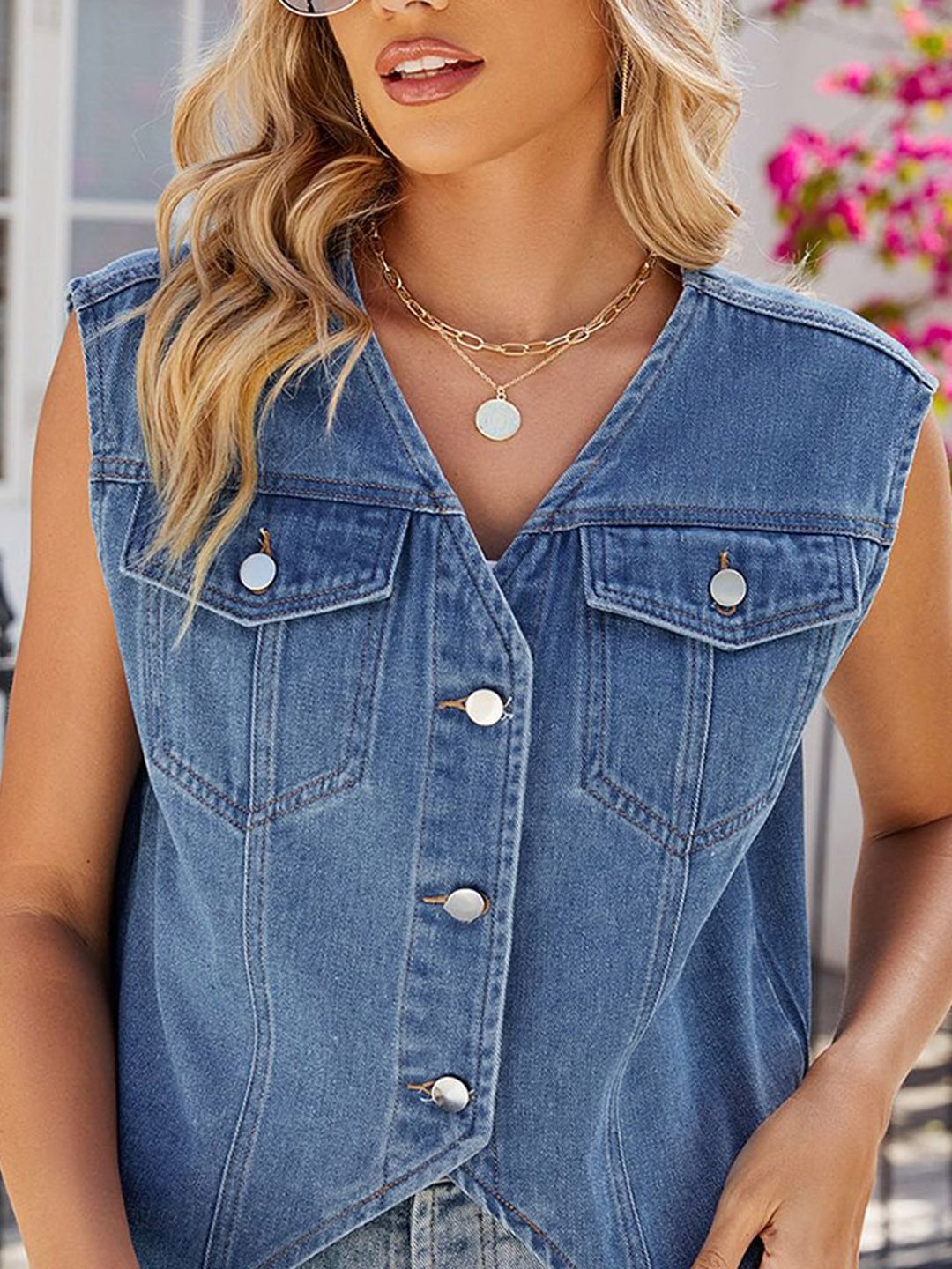 Blue Denim Pocket Details Sleeveless Vest