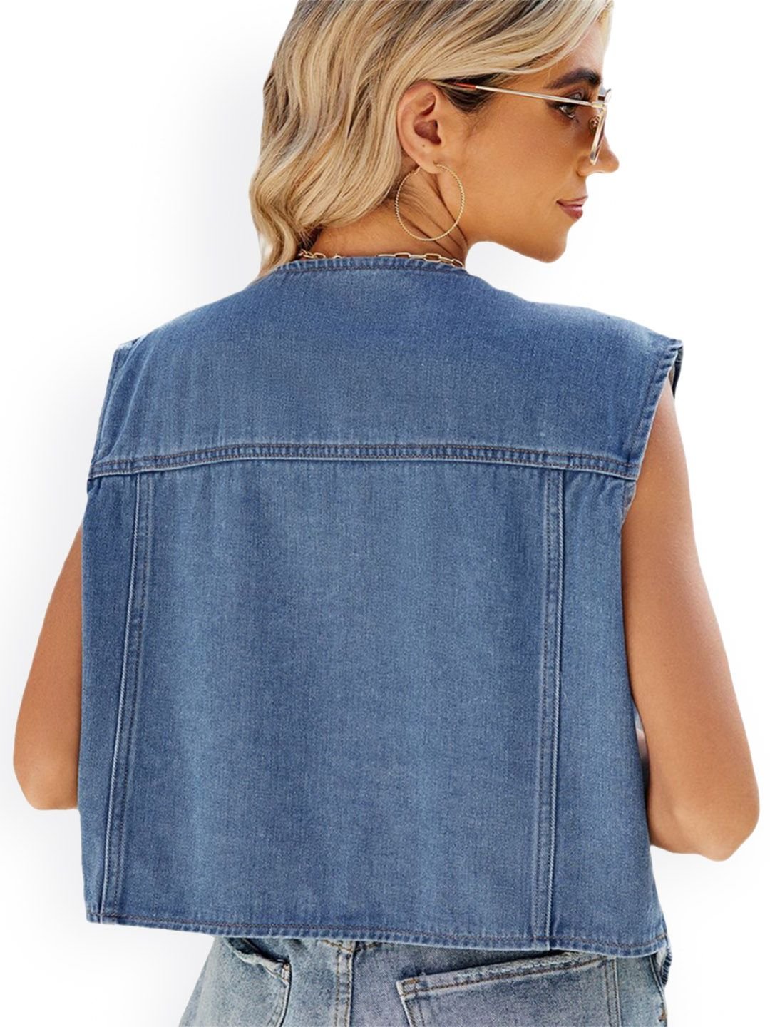 Blue Denim Pocket Details Sleeveless Vest