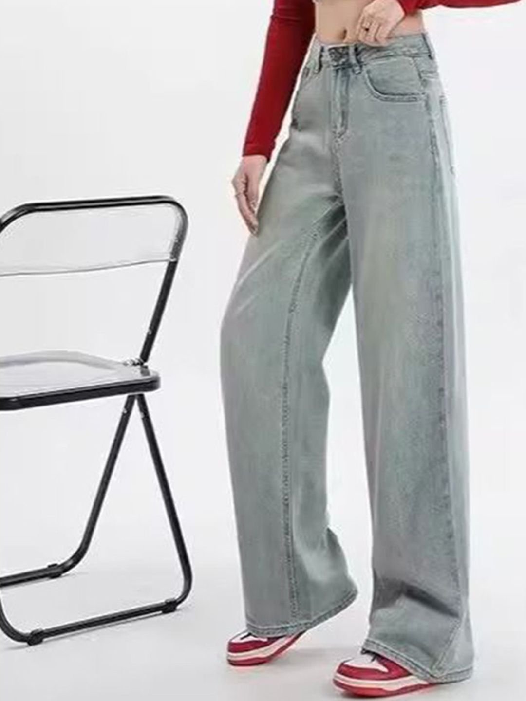 Blue High-Rise Straight Leg Denim Jeans