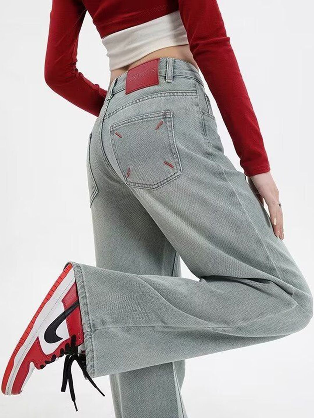 Blue High-Rise Straight Leg Denim Jeans