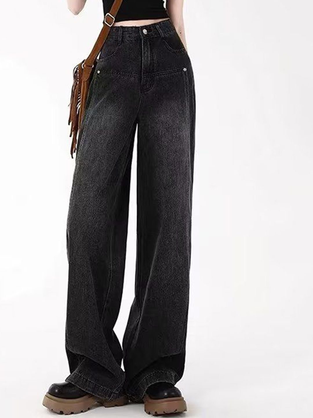 Black High-Rise Wide-Leg Denim Jeans