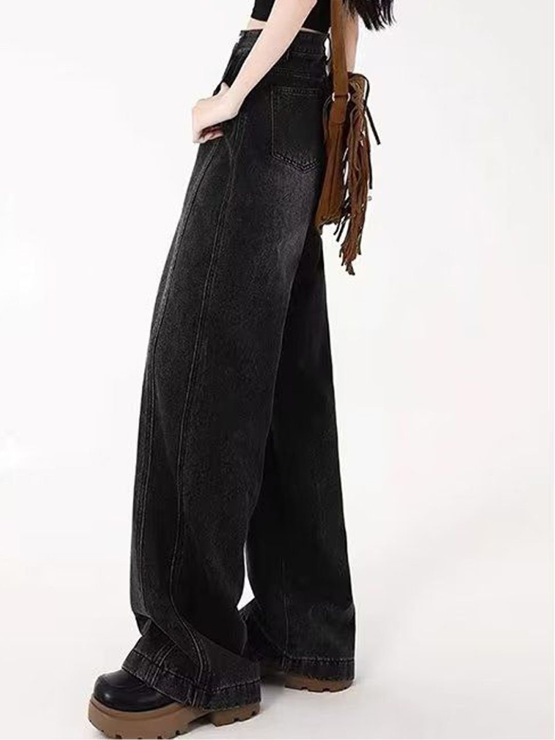 Black High-Rise Wide-Leg Denim Jeans
