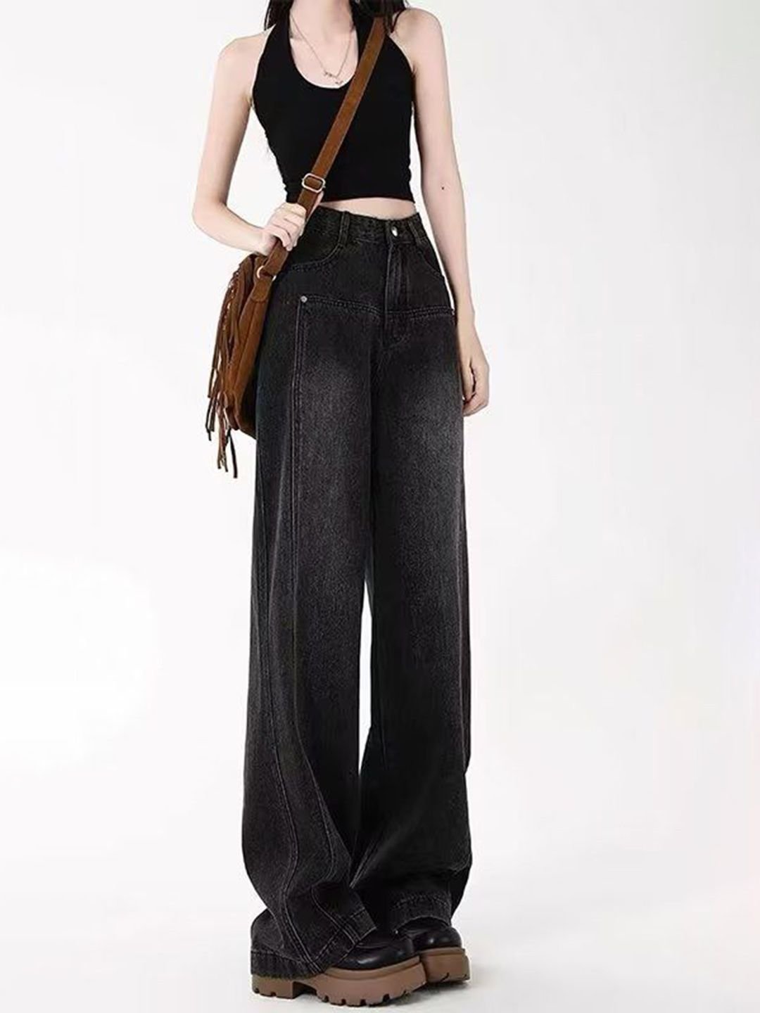 Black High-Rise Wide-Leg Denim Jeans