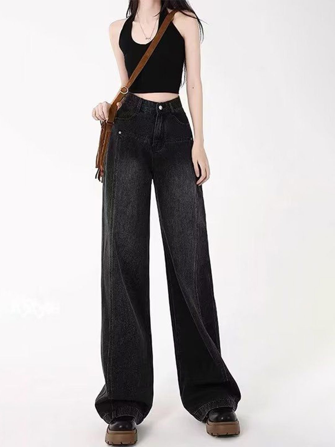 Black High-Rise Wide-Leg Denim Jeans