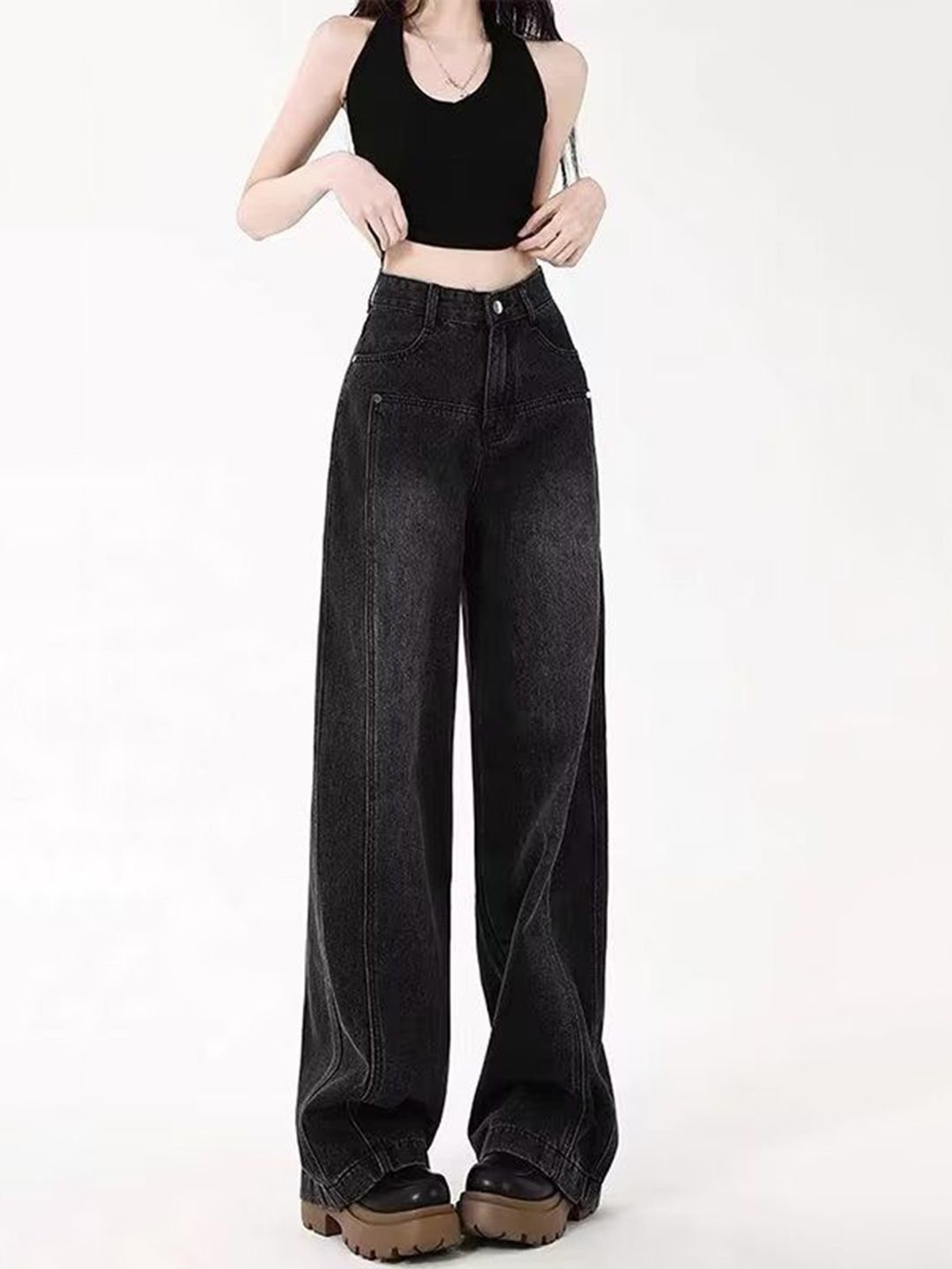 Black High-Rise Wide-Leg Denim Jeans