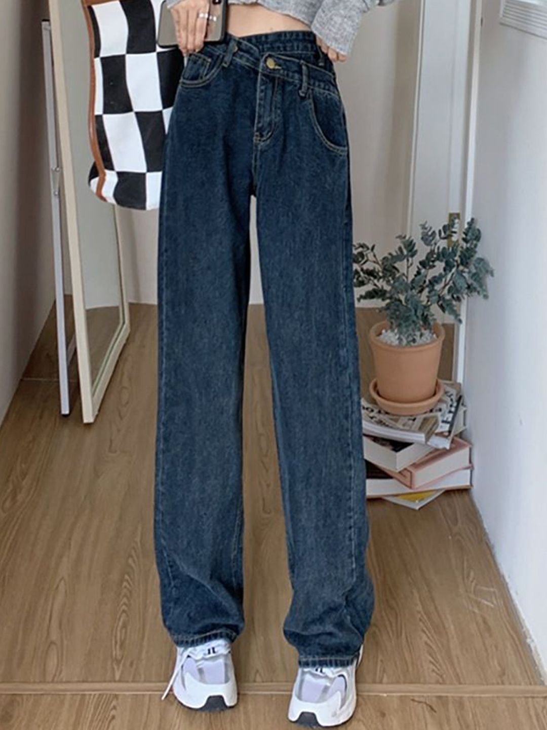 Blue High-Rise Straight-Leg Denim Jeans