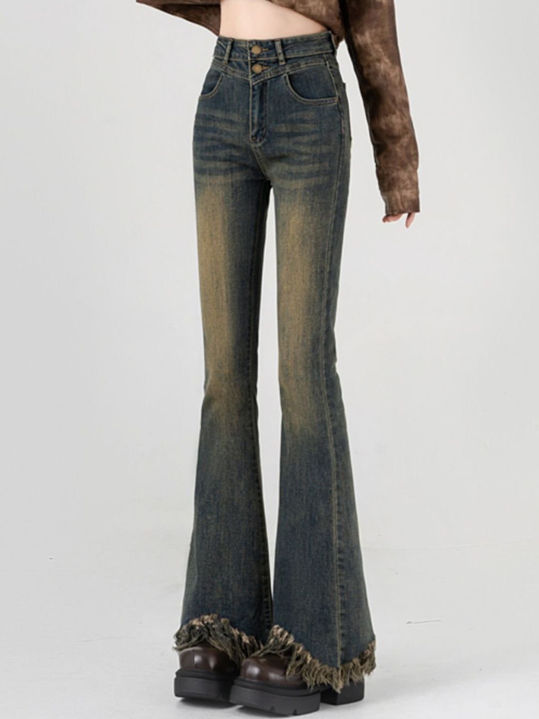 Blue High-Rise Bootcut Jeans with Frayed Hem