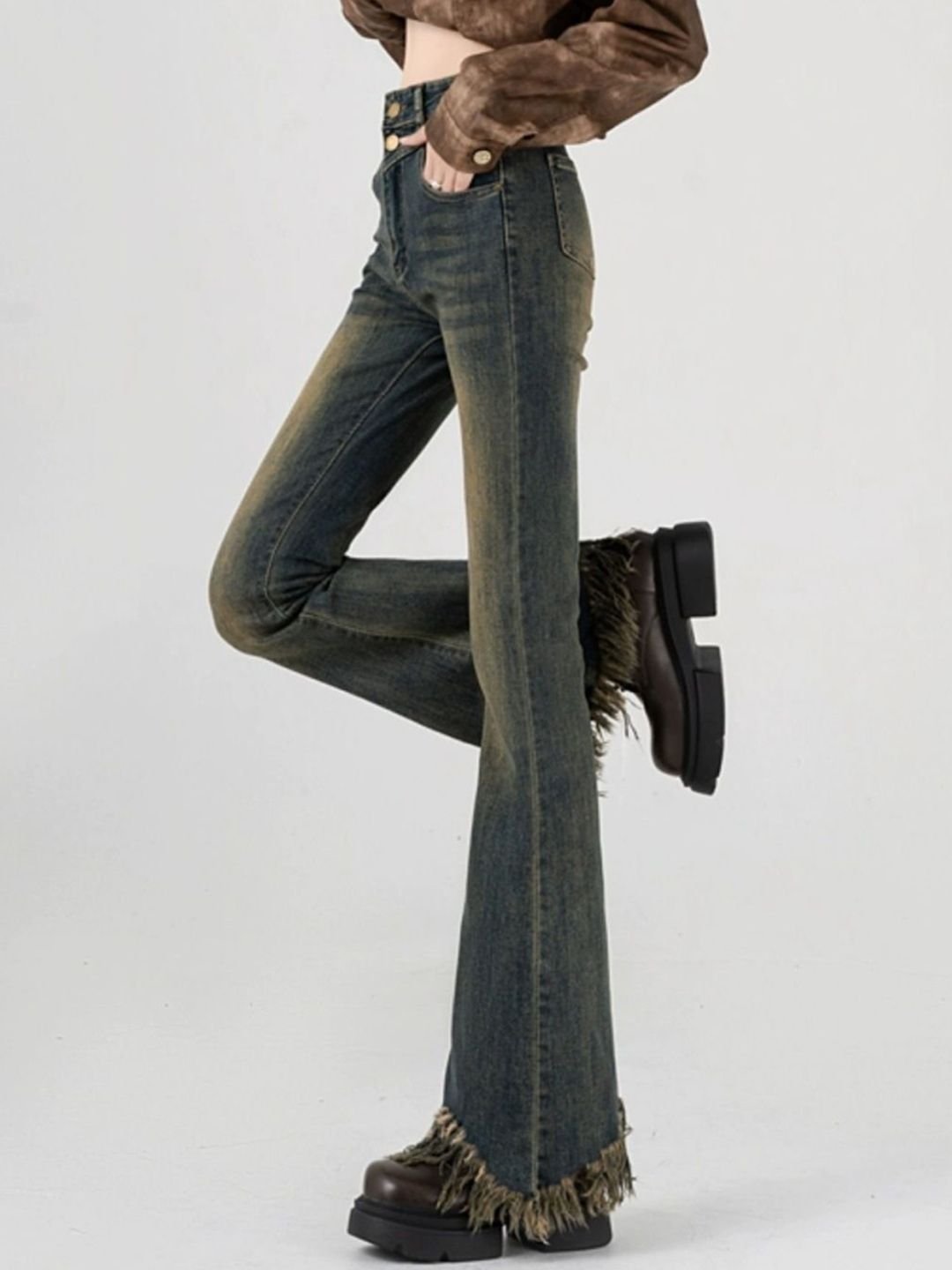 Blue High-Rise Bootcut Jeans with Frayed Hem