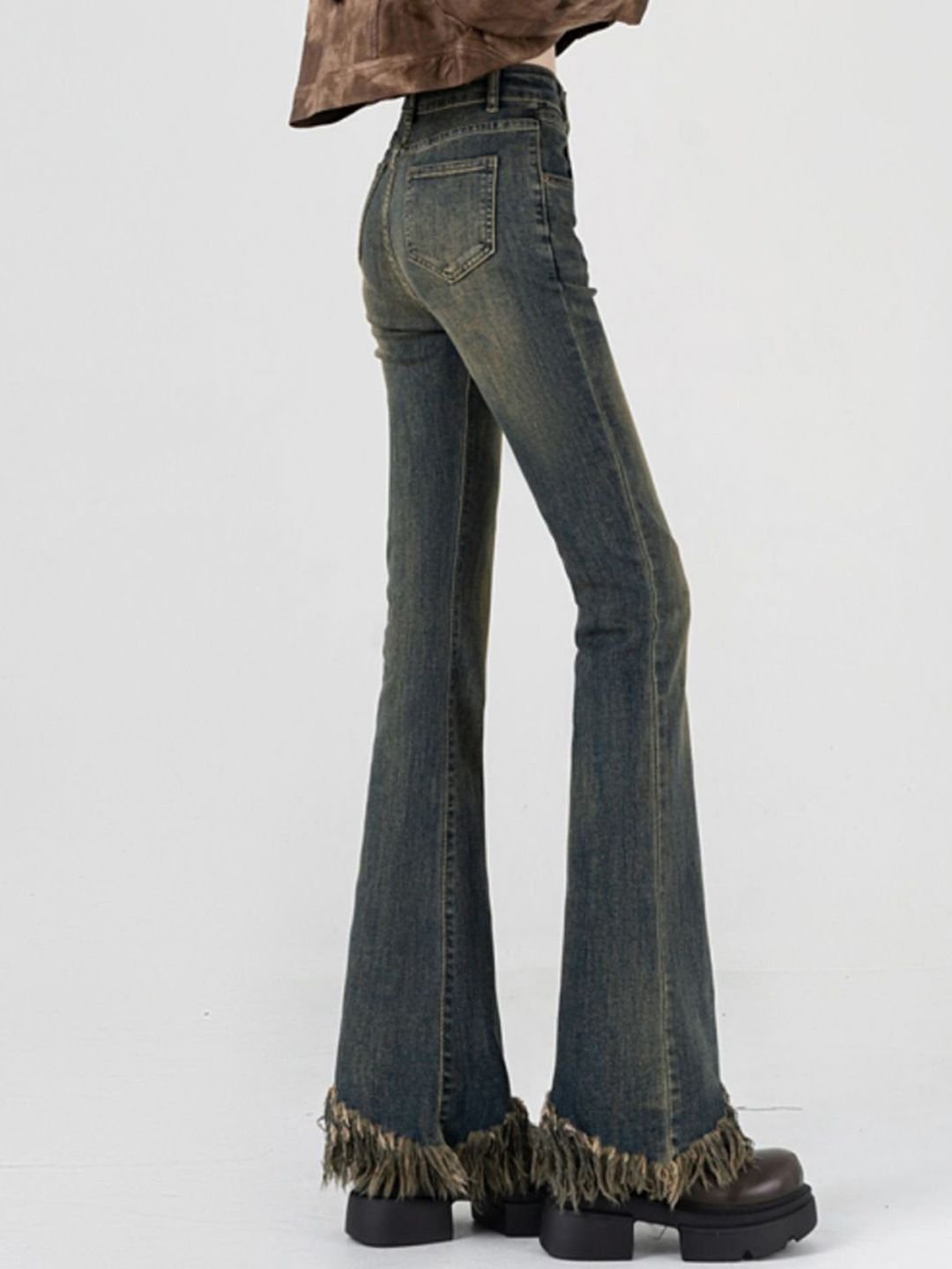 Blue High-Rise Bootcut Jeans with Frayed Hem