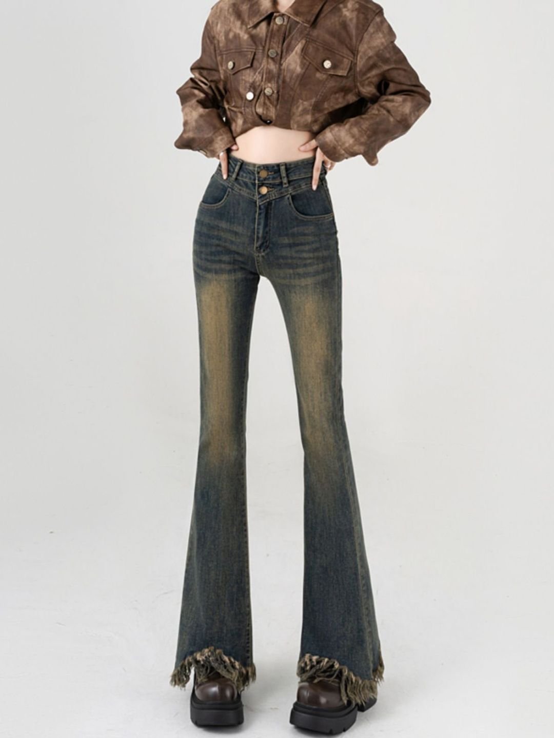 Blue High-Rise Bootcut Jeans with Frayed Hem