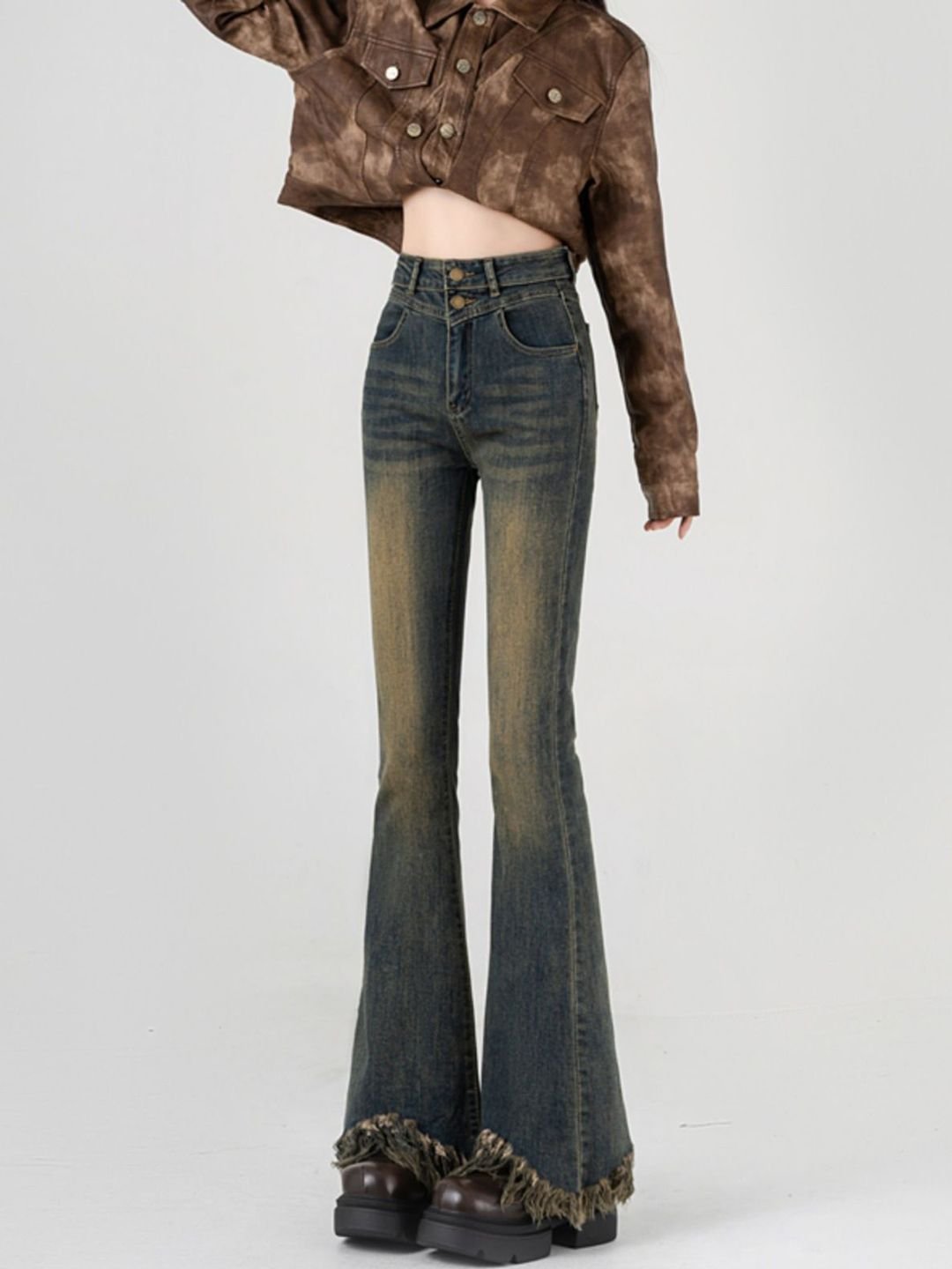 Blue High-Rise Bootcut Jeans with Frayed Hem