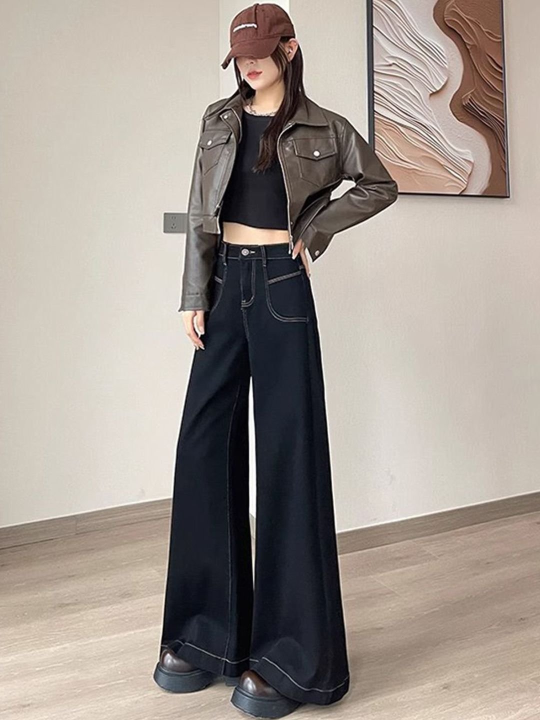 Black High-Rise Wide Leg Jeans with Contrast Stitching