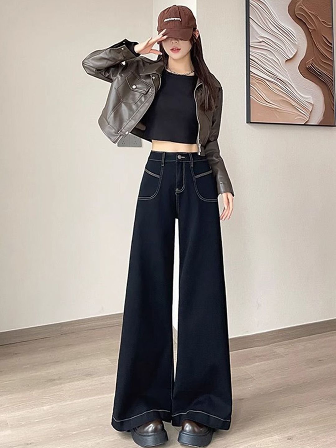 Black High-Rise Wide Leg Jeans with Contrast Stitching
