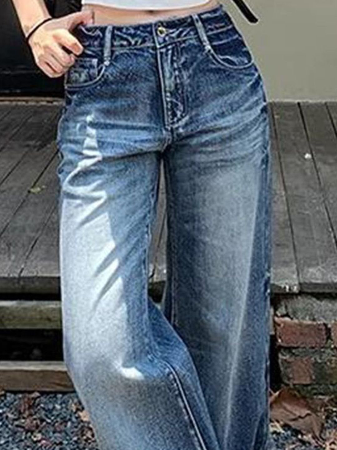 Blue High-Waist Wide-Leg Denim Jeans