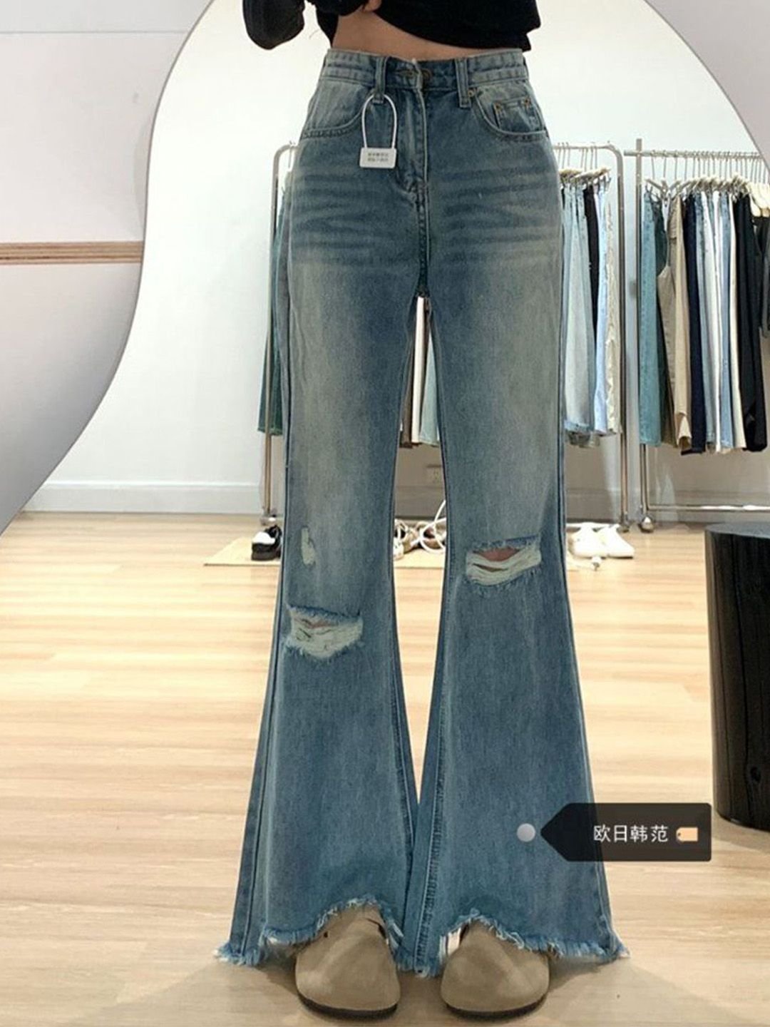 Blue High-Rise Distressed Boyfriend Jeans
