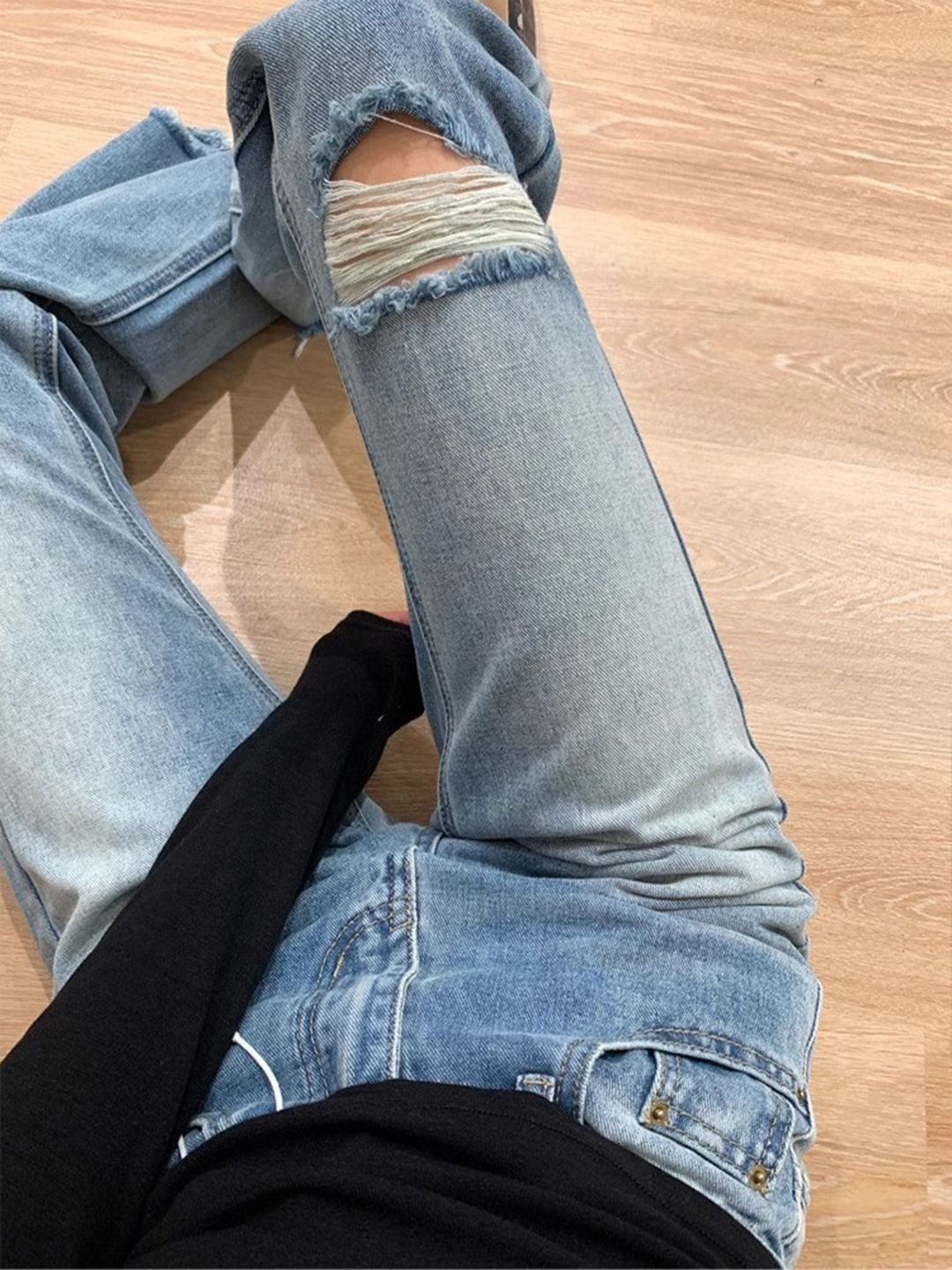 Blue High-Rise Distressed Boyfriend Jeans