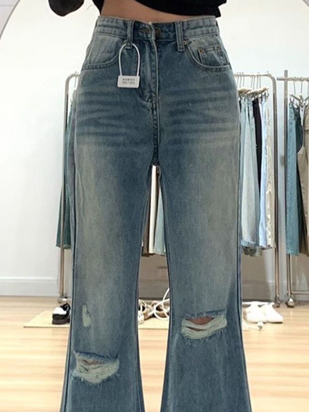 Blue High-Rise Distressed Boyfriend Jeans