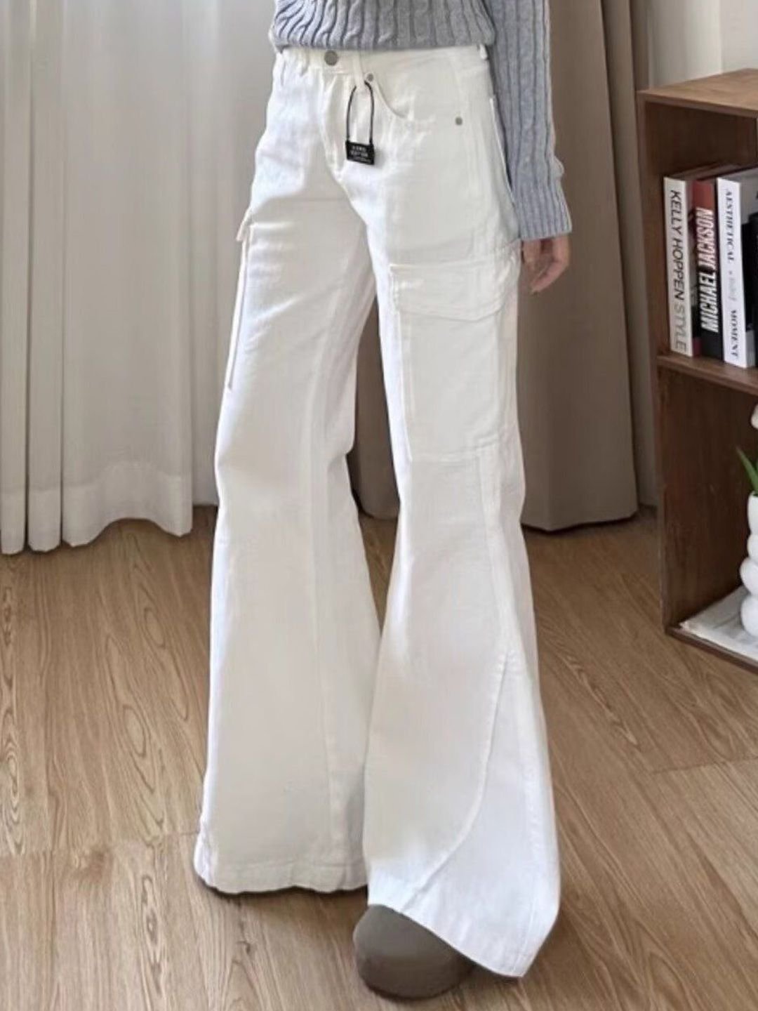White Low-Rise Cargo Flare Jeans