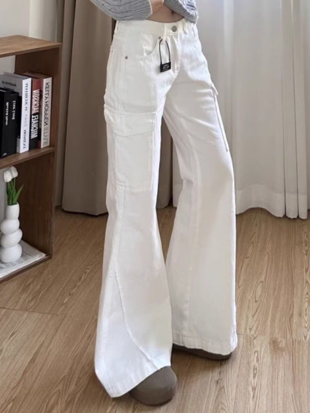 White Low-Rise Cargo Flare Jeans