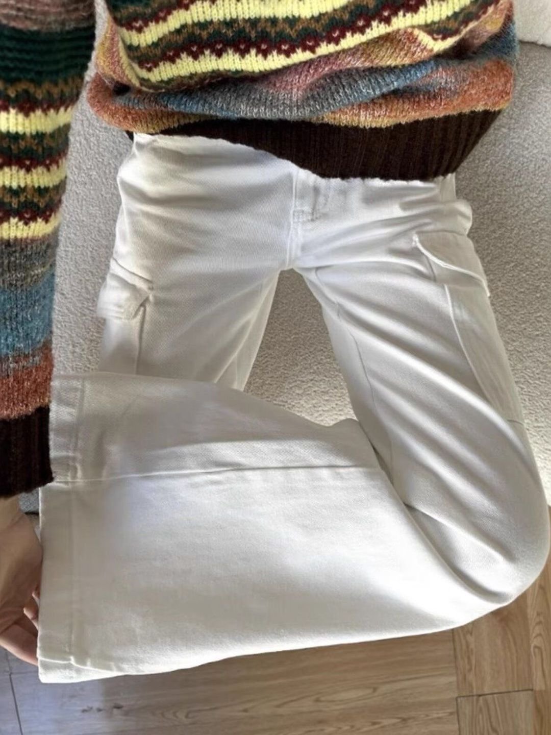 White Low-Rise Cargo Flare Jeans