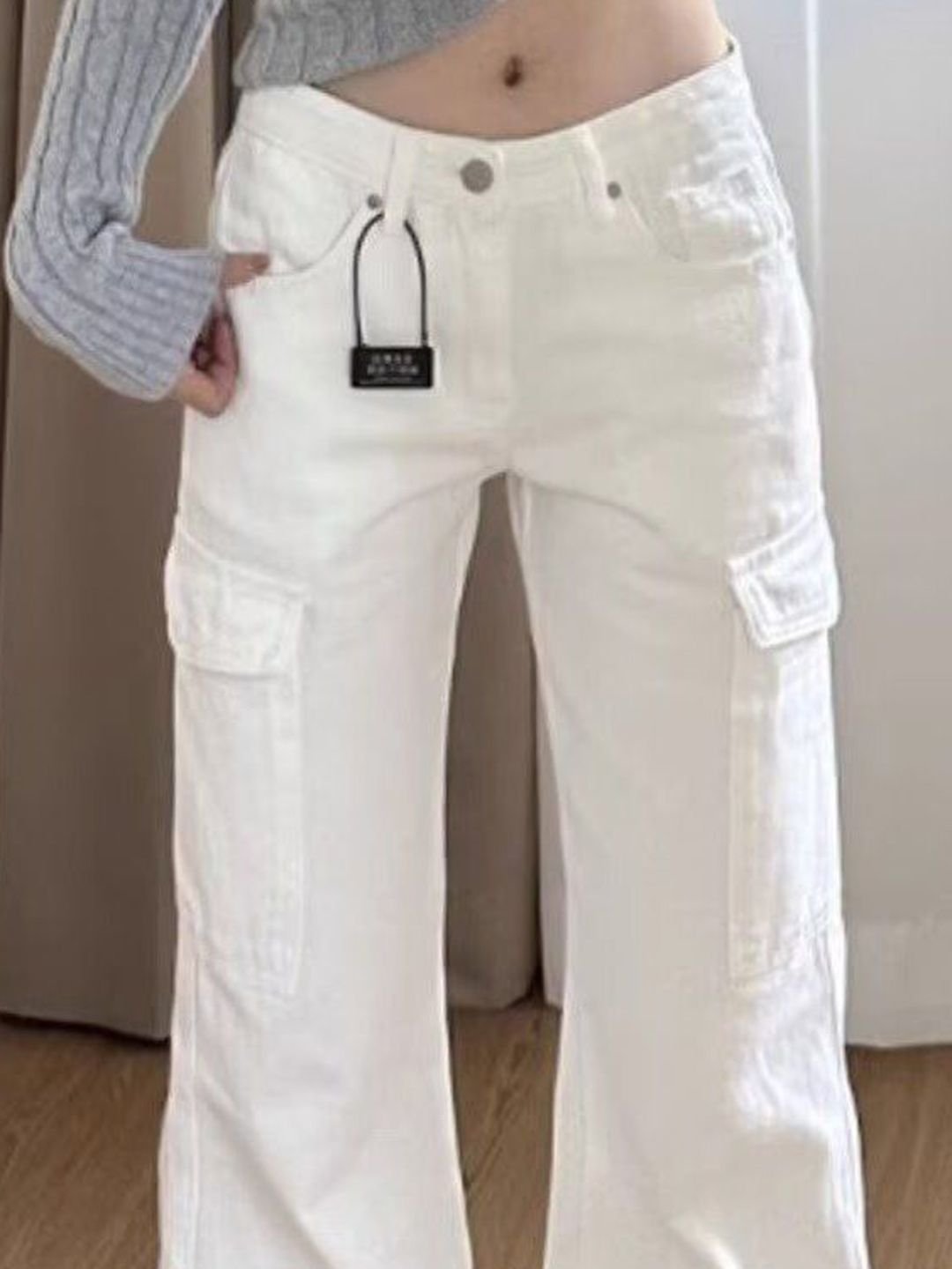 White Low-Rise Cargo Flare Jeans