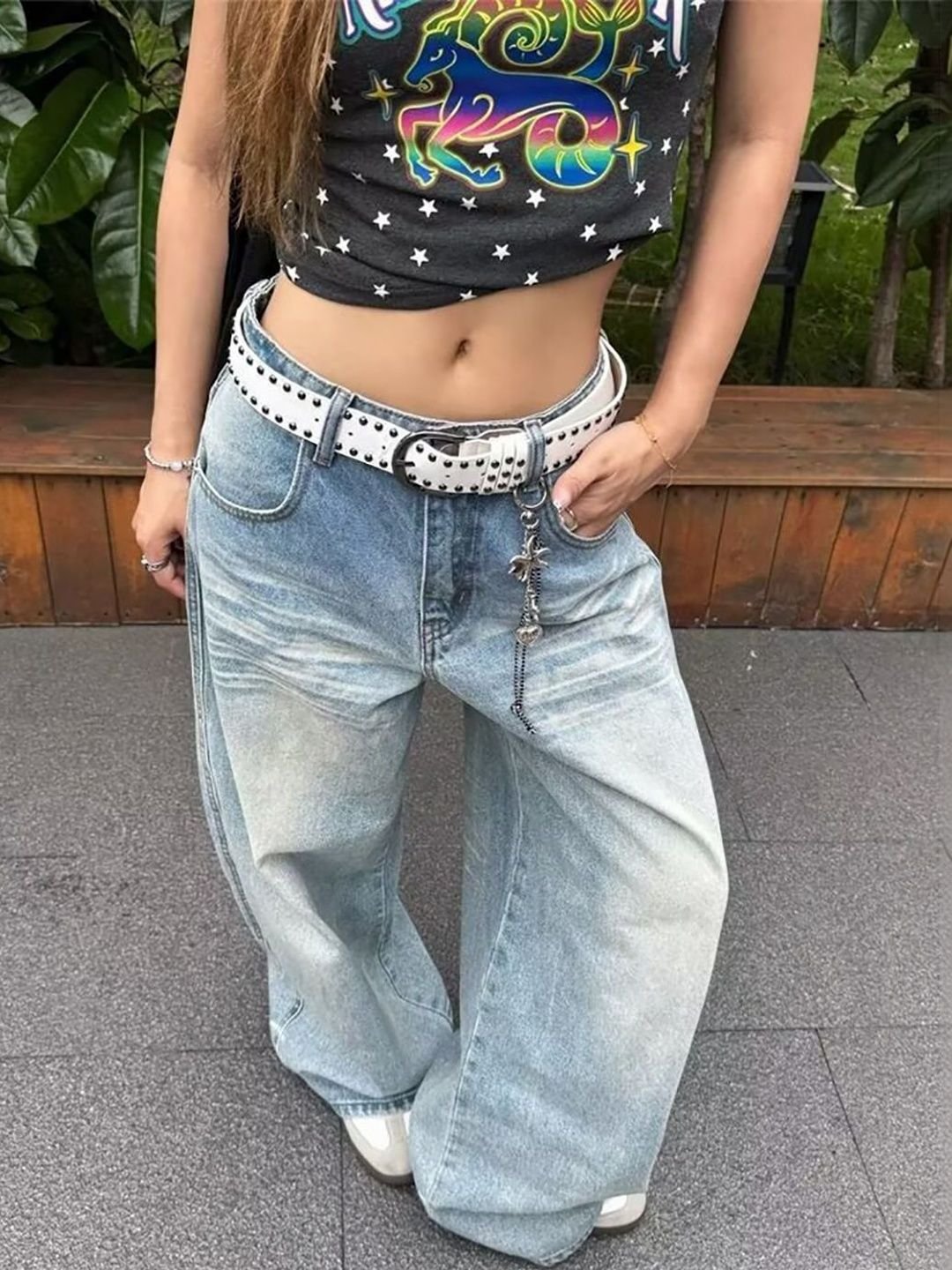 Sky Blue High-Waisted Wide Leg Embroidered Denim Jeans