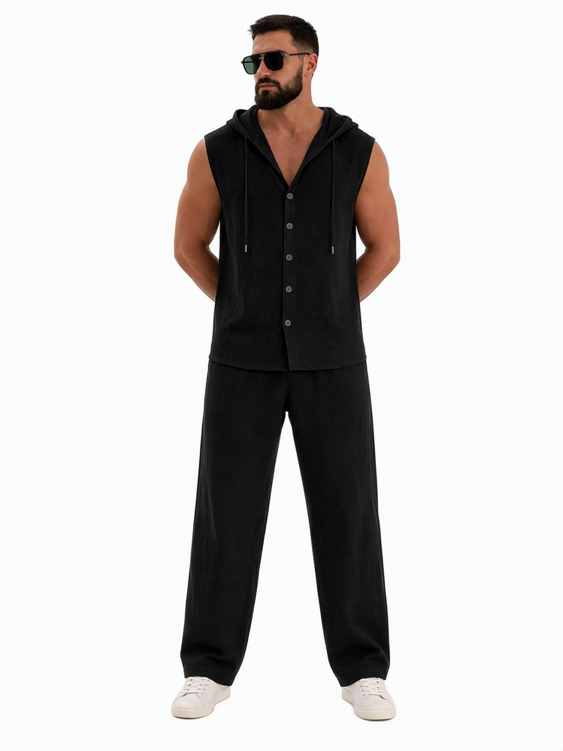 Men Black Linen Sleeveless Hoodie and Trousers Set