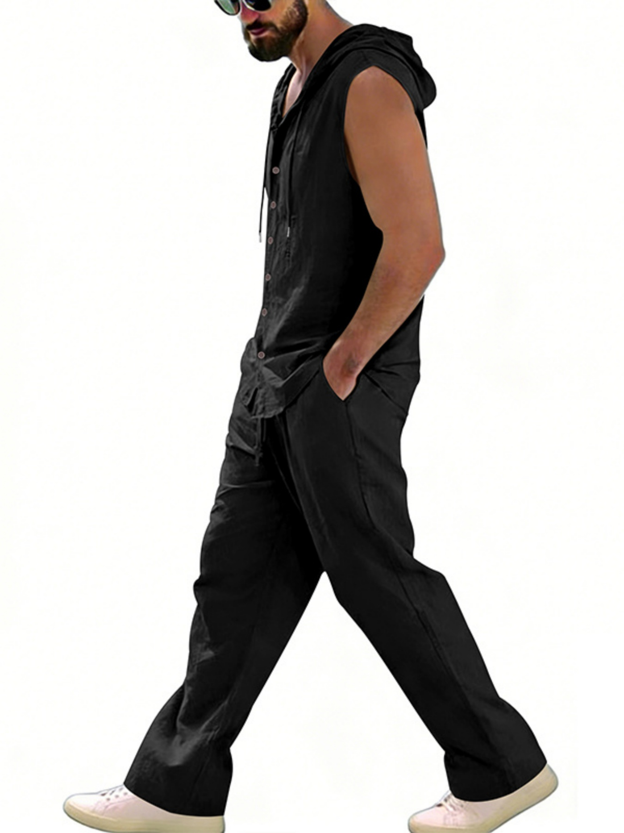 Men Black Linen Sleeveless Hoodie and Trousers Set